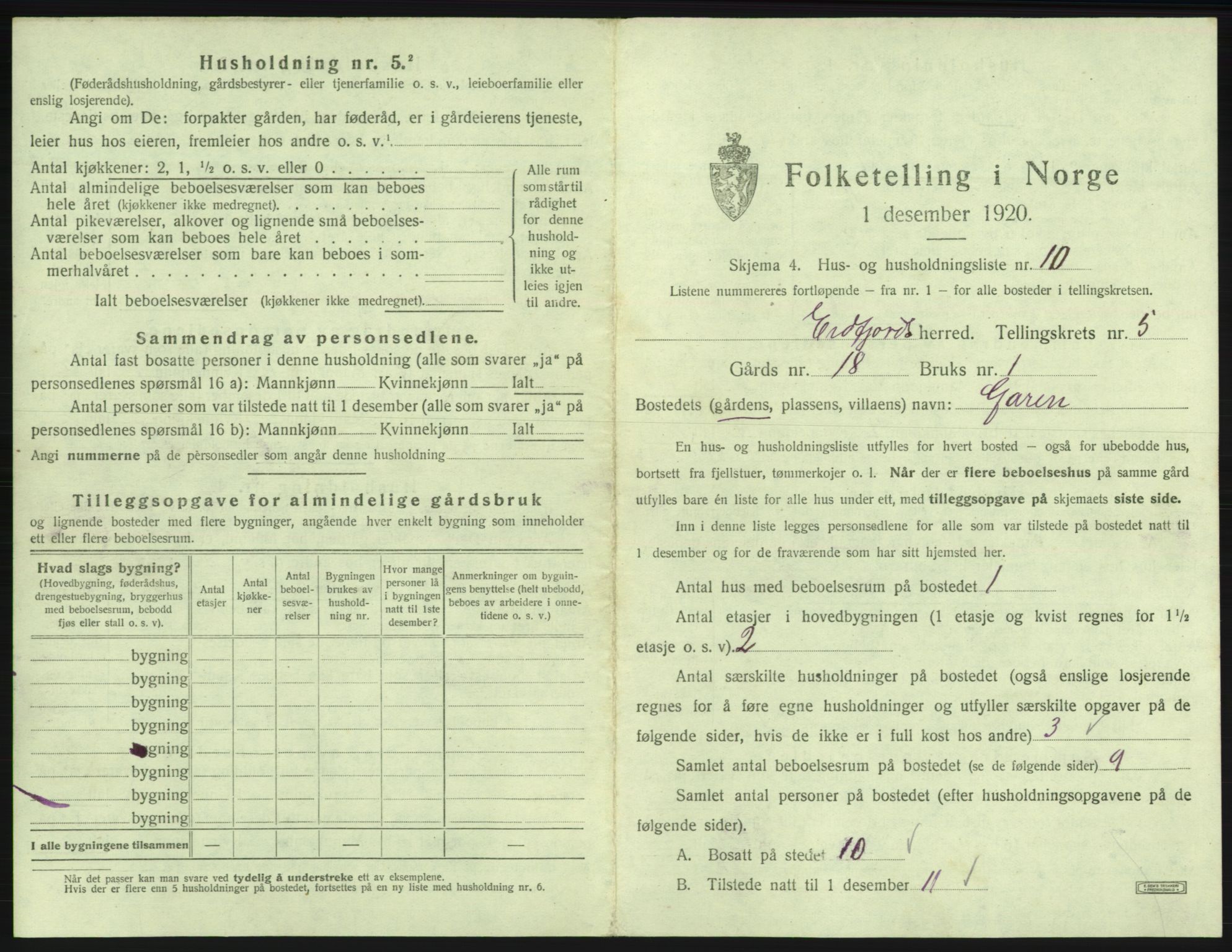 SAB, 1920 census for Eidfjord, 1920, p. 308