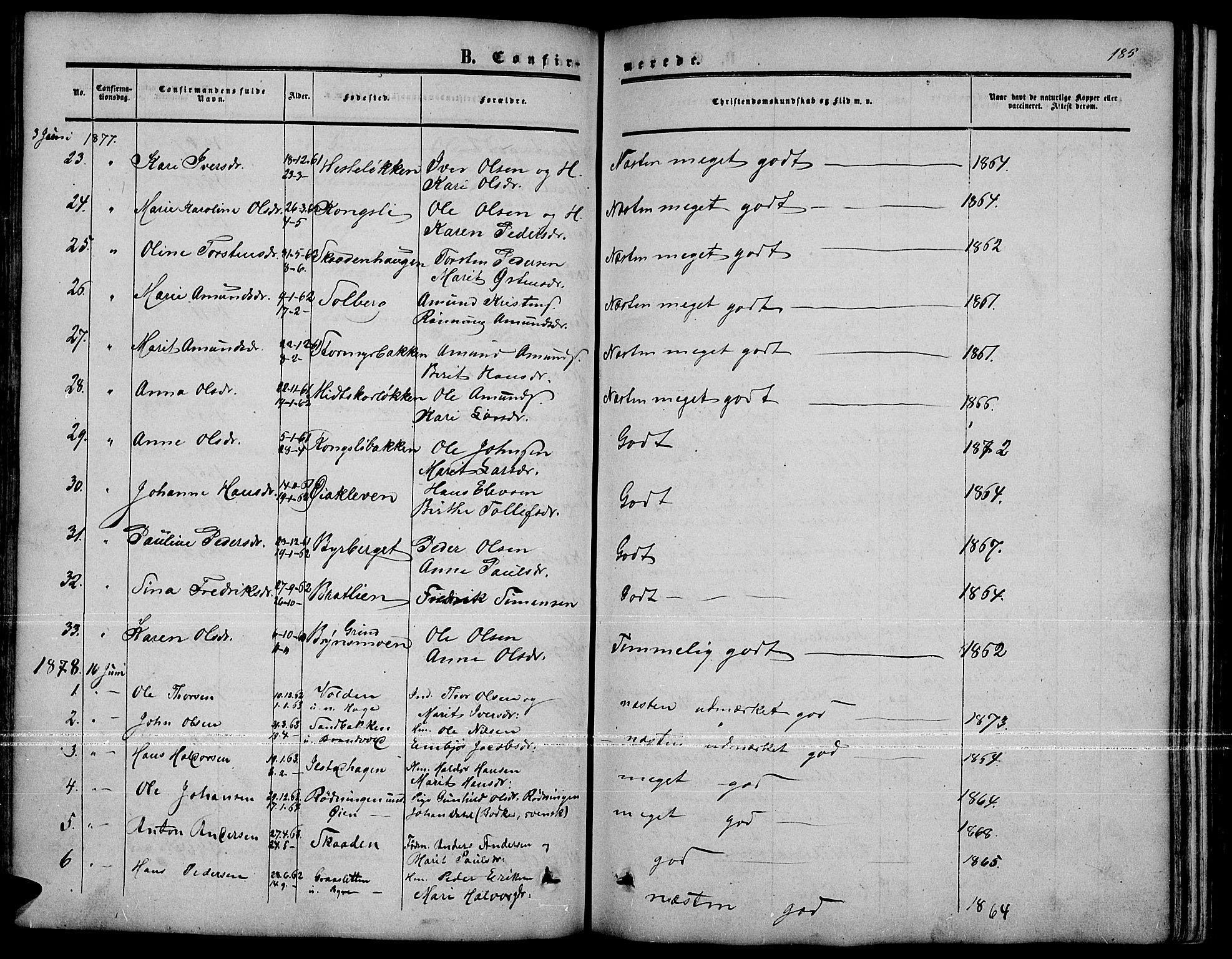 Nord-Fron prestekontor, SAH/PREST-080/H/Ha/Hab/L0001: Parish register (copy) no. 1, 1851-1883, p. 185