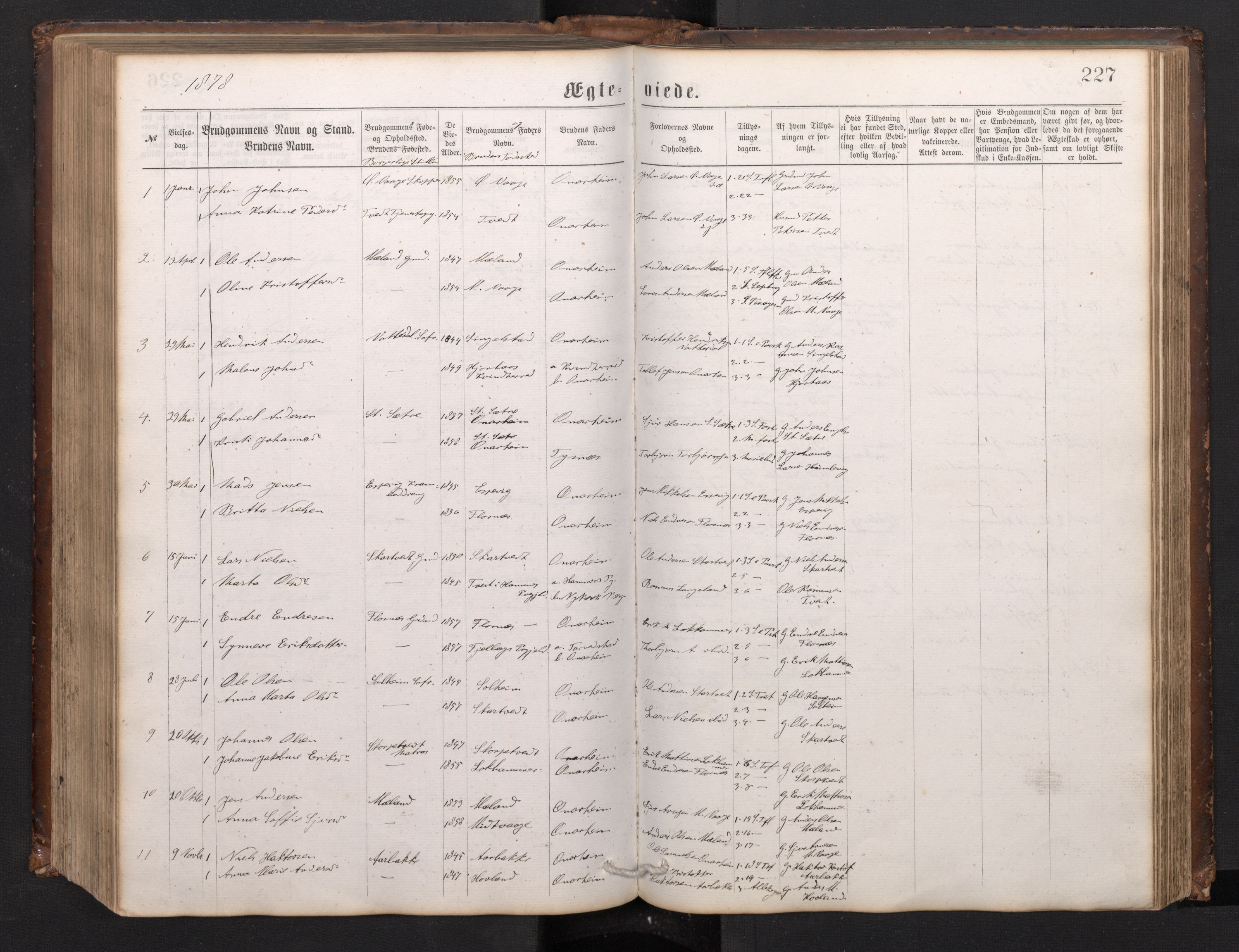 Tysnes sokneprestembete, SAB/A-78601/H/Hab: Parish register (copy) no. C 1, 1873-1895, p. 226b-227a
