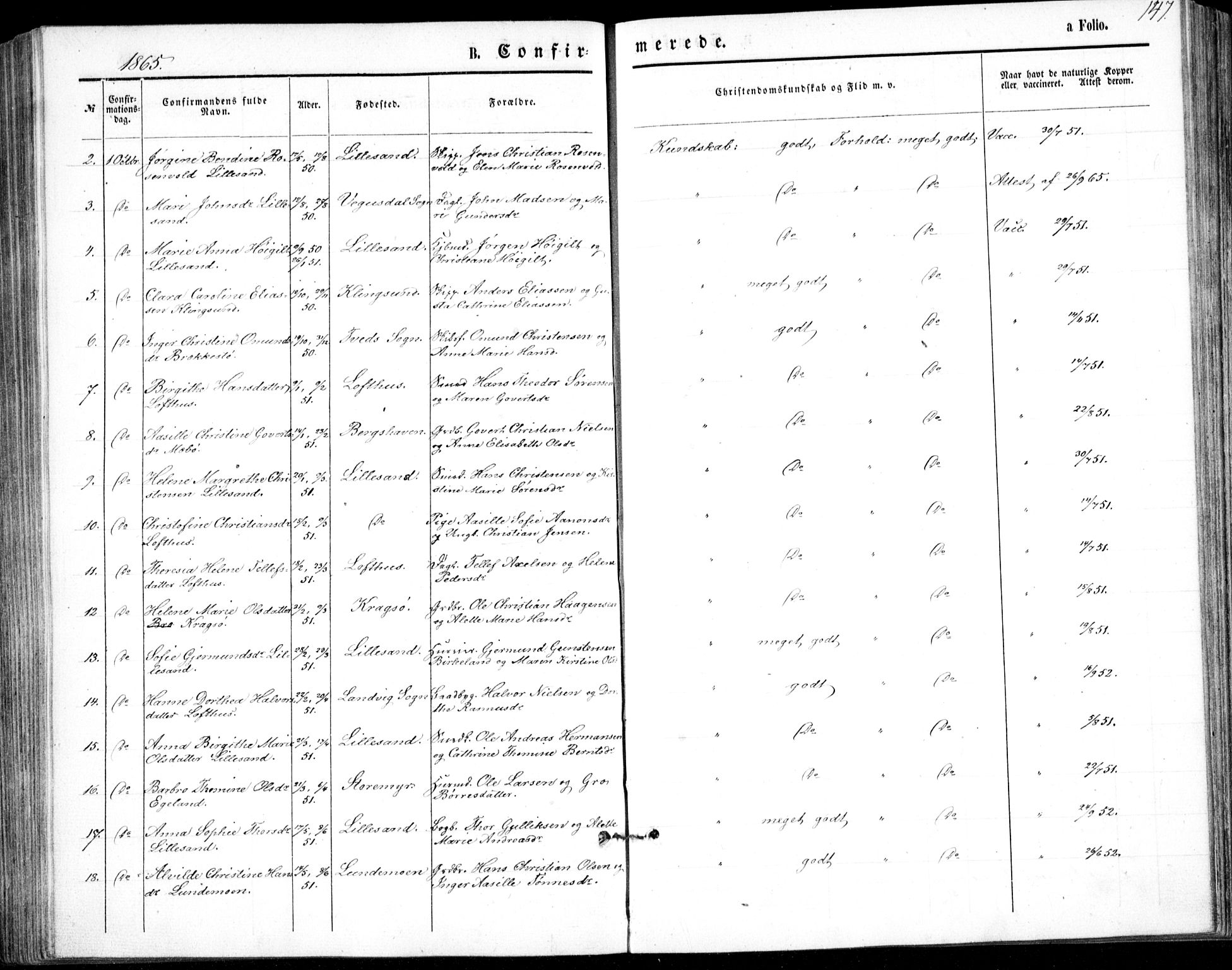 Vestre Moland sokneprestkontor, SAK/1111-0046/F/Fb/Fbb/L0004: Parish register (copy) no. B 4, 1861-1872, p. 147