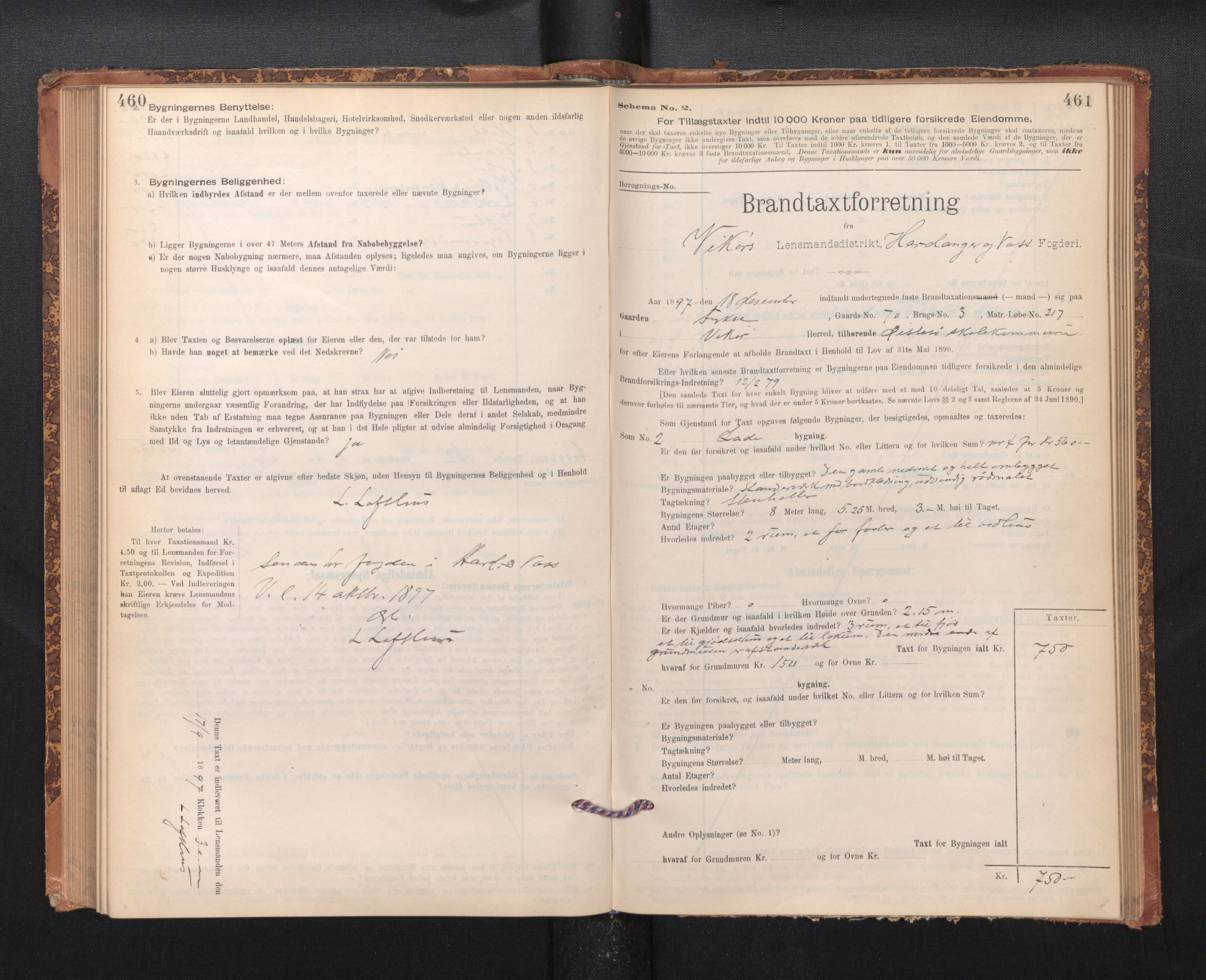 Lensmannen i Kvam, SAB/A-33201/0012/L0005: Branntakstprotokoll, skjematakst, 1894-1913, p. 460-461