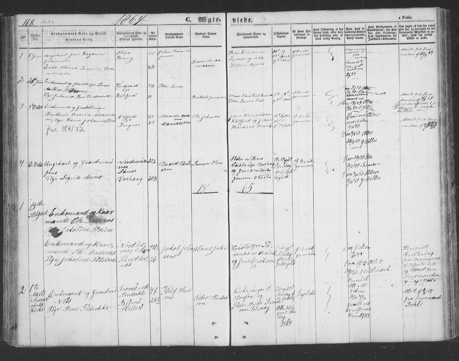 Lenvik sokneprestembete, SATØ/S-1310/H/Ha/Hab/L0020klokker: Parish register (copy) no. 20, 1855-1883, p. 168