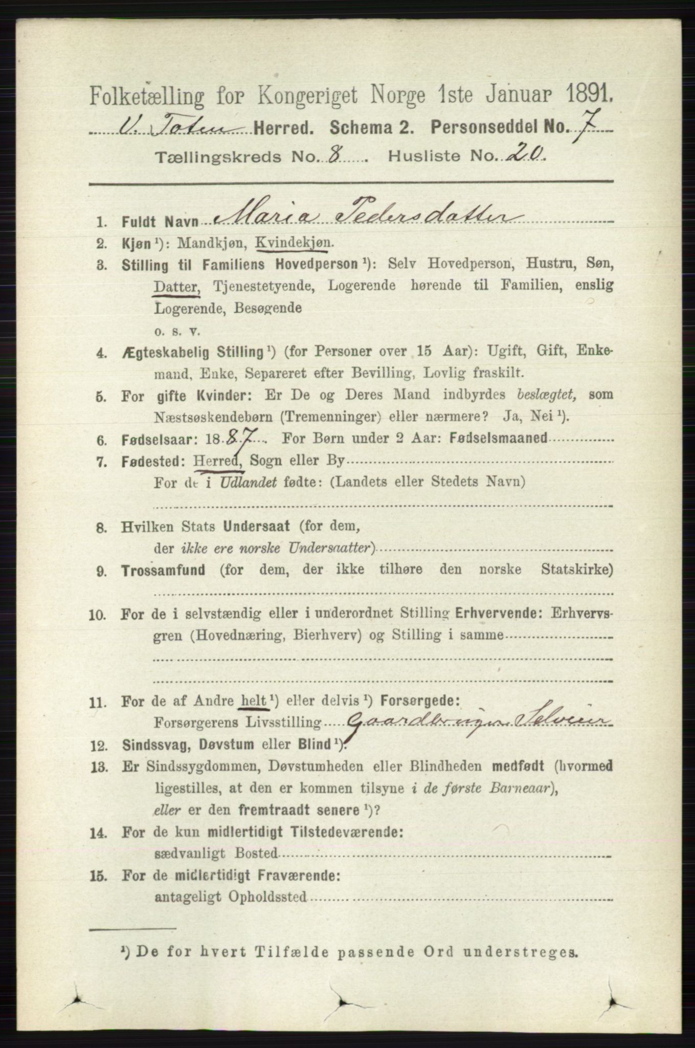 RA, 1891 census for 0529 Vestre Toten, 1891, p. 5118