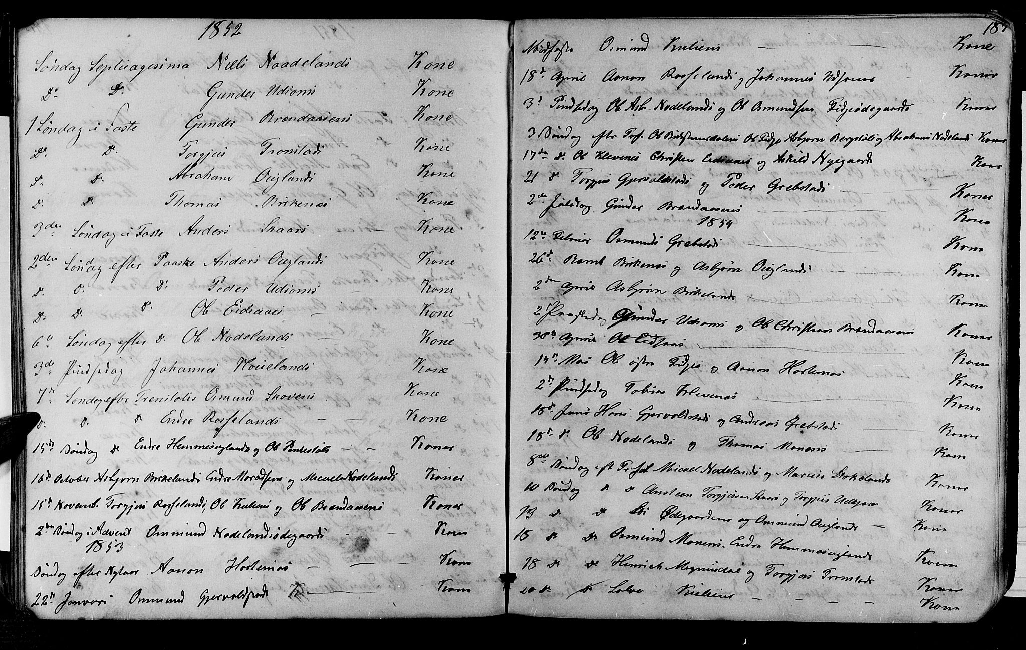 Søgne sokneprestkontor, SAK/1111-0037/F/Fb/Fba/L0002: Parish register (copy) no. B 2, 1848-1873, p. 187