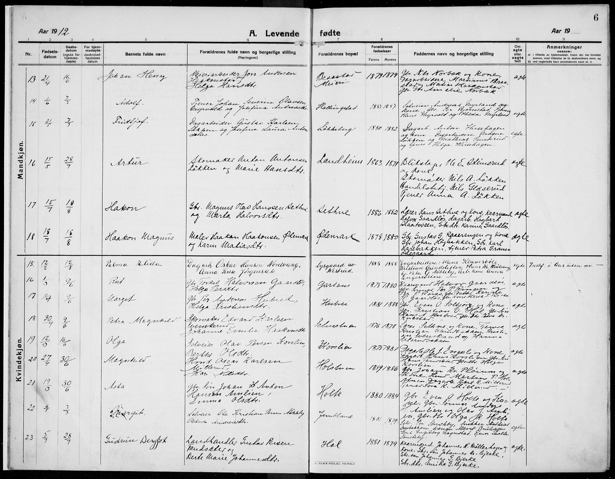 Kolbu prestekontor, AV/SAH-PREST-110/H/Ha/Haa/L0002: Parish register (official) no. 2, 1912-1926, p. 6