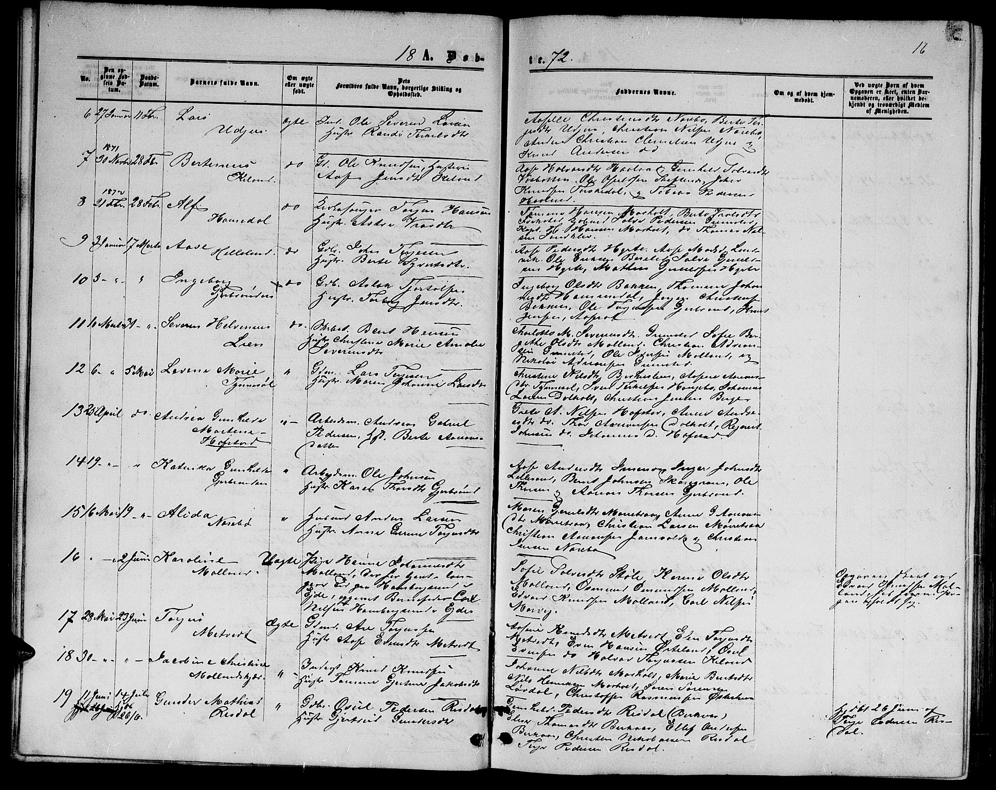 Hommedal sokneprestkontor, SAK/1111-0023/F/Fb/Fbb/L0006: Parish register (copy) no. B 6, 1869-1884, p. 16