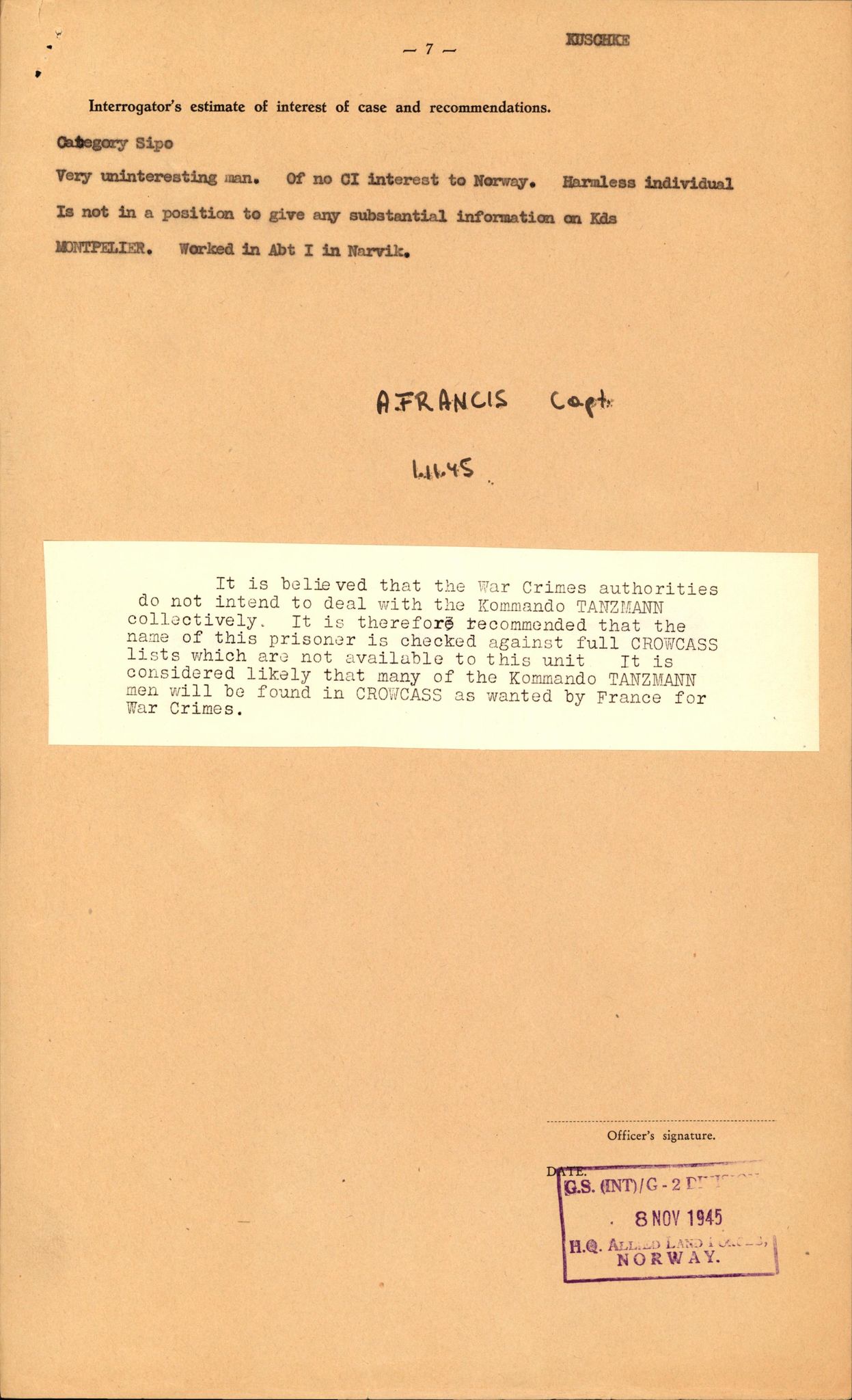 Forsvaret, Forsvarets overkommando II, AV/RA-RAFA-3915/D/Db/L0018: CI Questionaires. Tyske okkupasjonsstyrker i Norge. Tyskere., 1945-1946, p. 531