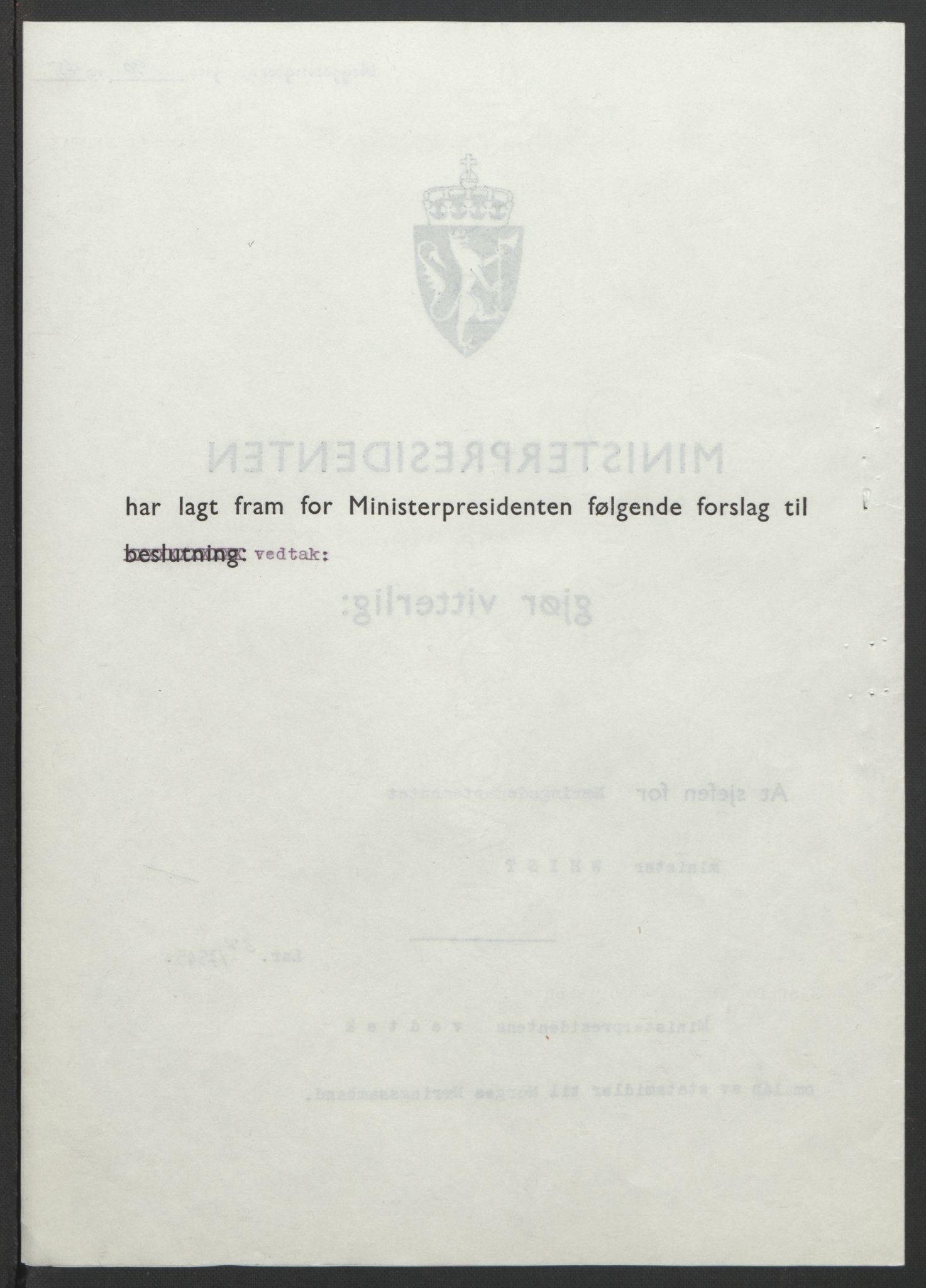 NS-administrasjonen 1940-1945 (Statsrådsekretariatet, de kommisariske statsråder mm), AV/RA-S-4279/D/Db/L0101/0001: -- / Lover og vedtak, 1945, p. 262