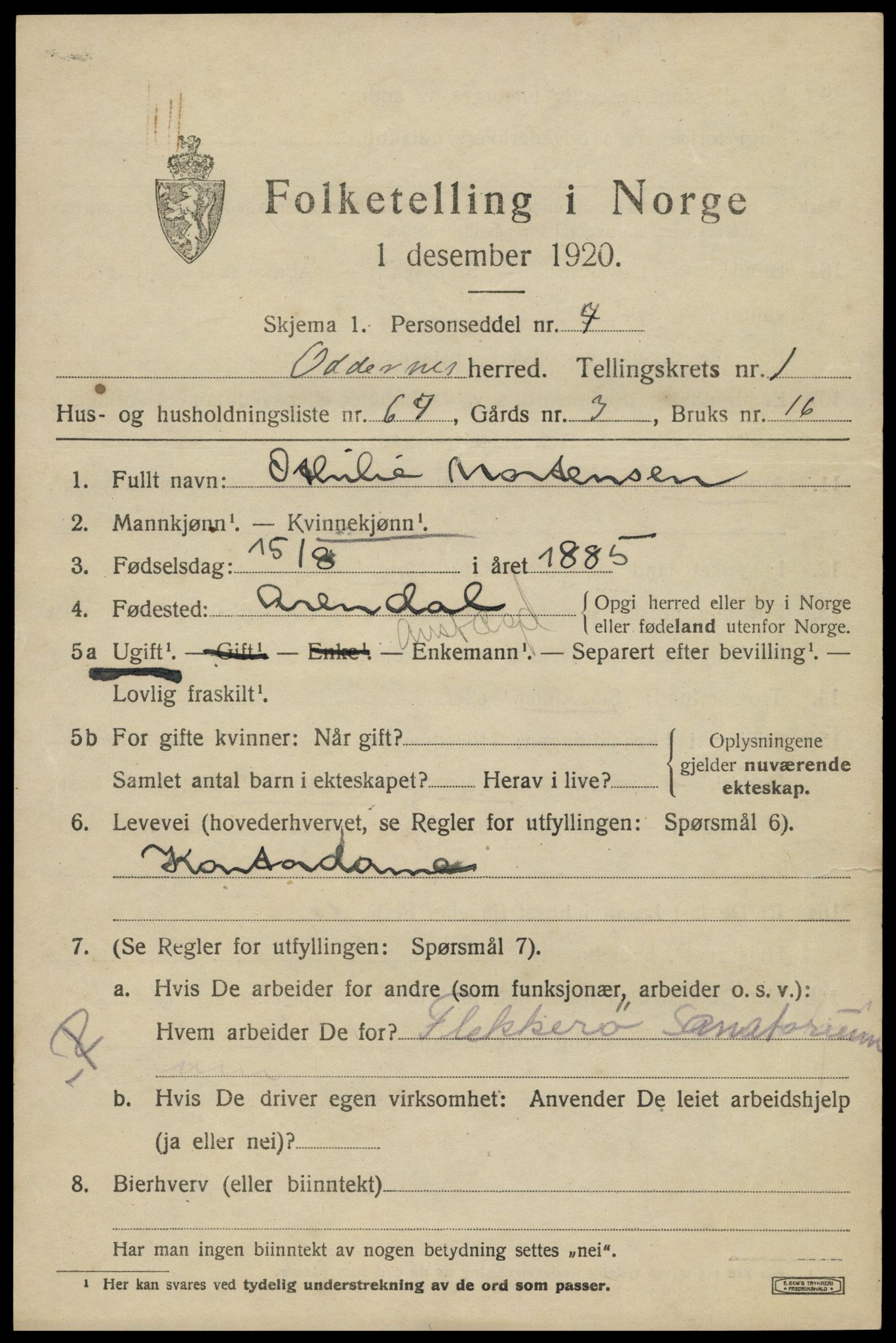 SAK, 1920 census for Oddernes, 1920, p. 2817