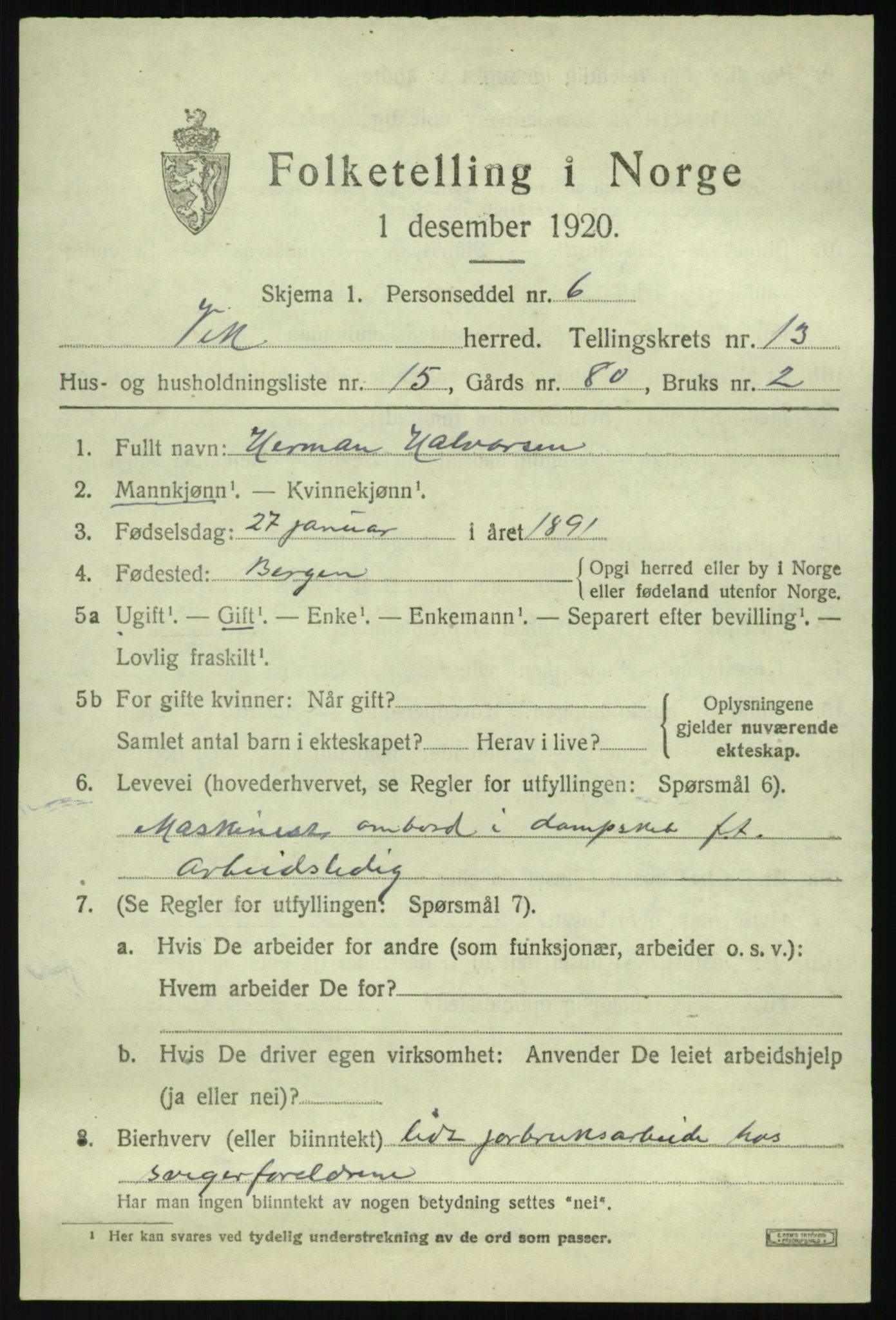 SAB, 1920 census for Vik, 1920, p. 7309