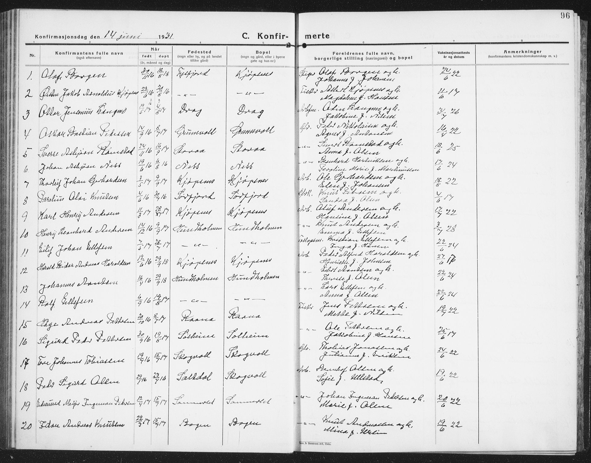 Ministerialprotokoller, klokkerbøker og fødselsregistre - Nordland, SAT/A-1459/861/L0879: Parish register (copy) no. 861C05, 1926-1939, p. 96