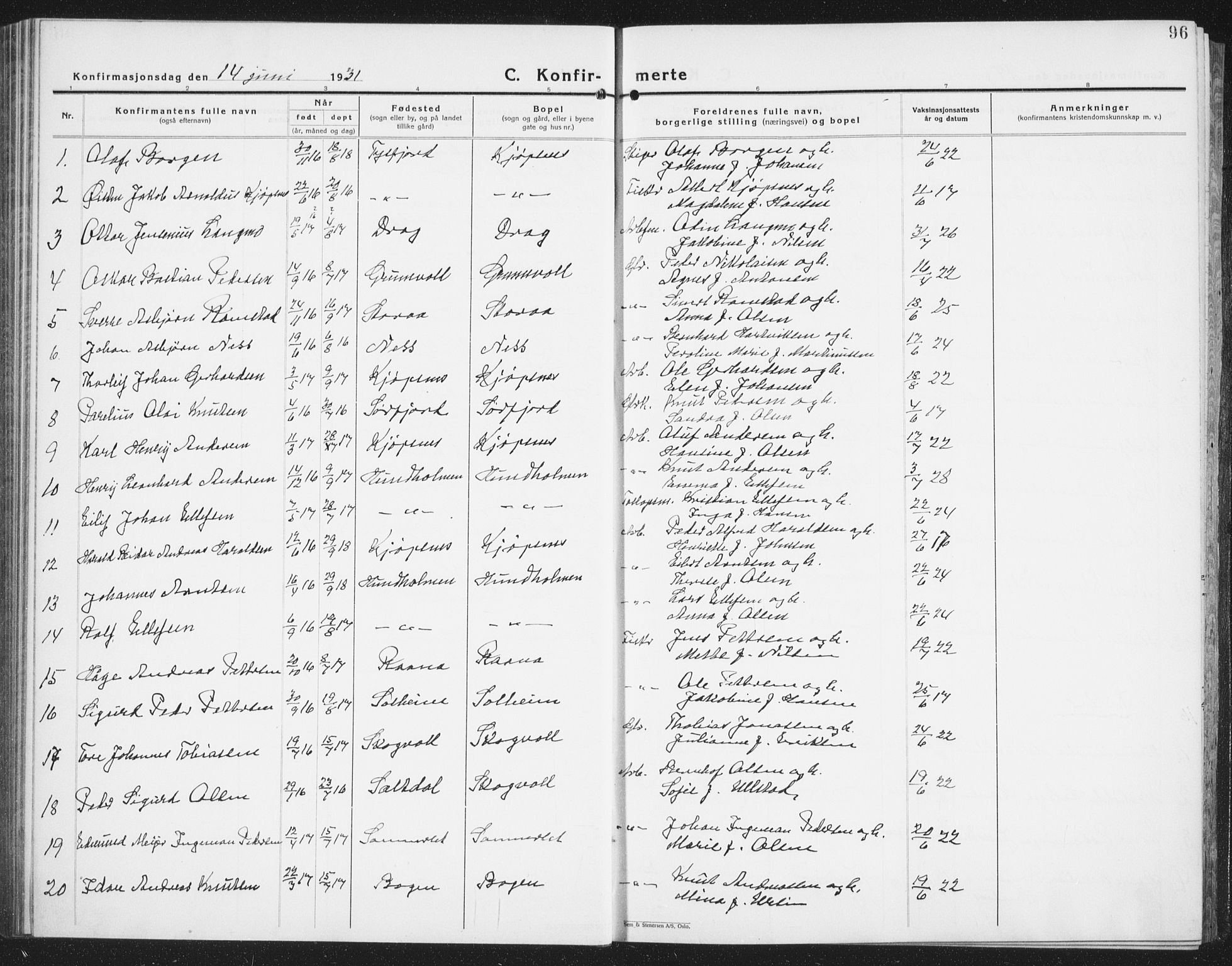 Ministerialprotokoller, klokkerbøker og fødselsregistre - Nordland, AV/SAT-A-1459/861/L0879: Parish register (copy) no. 861C05, 1926-1939, p. 96