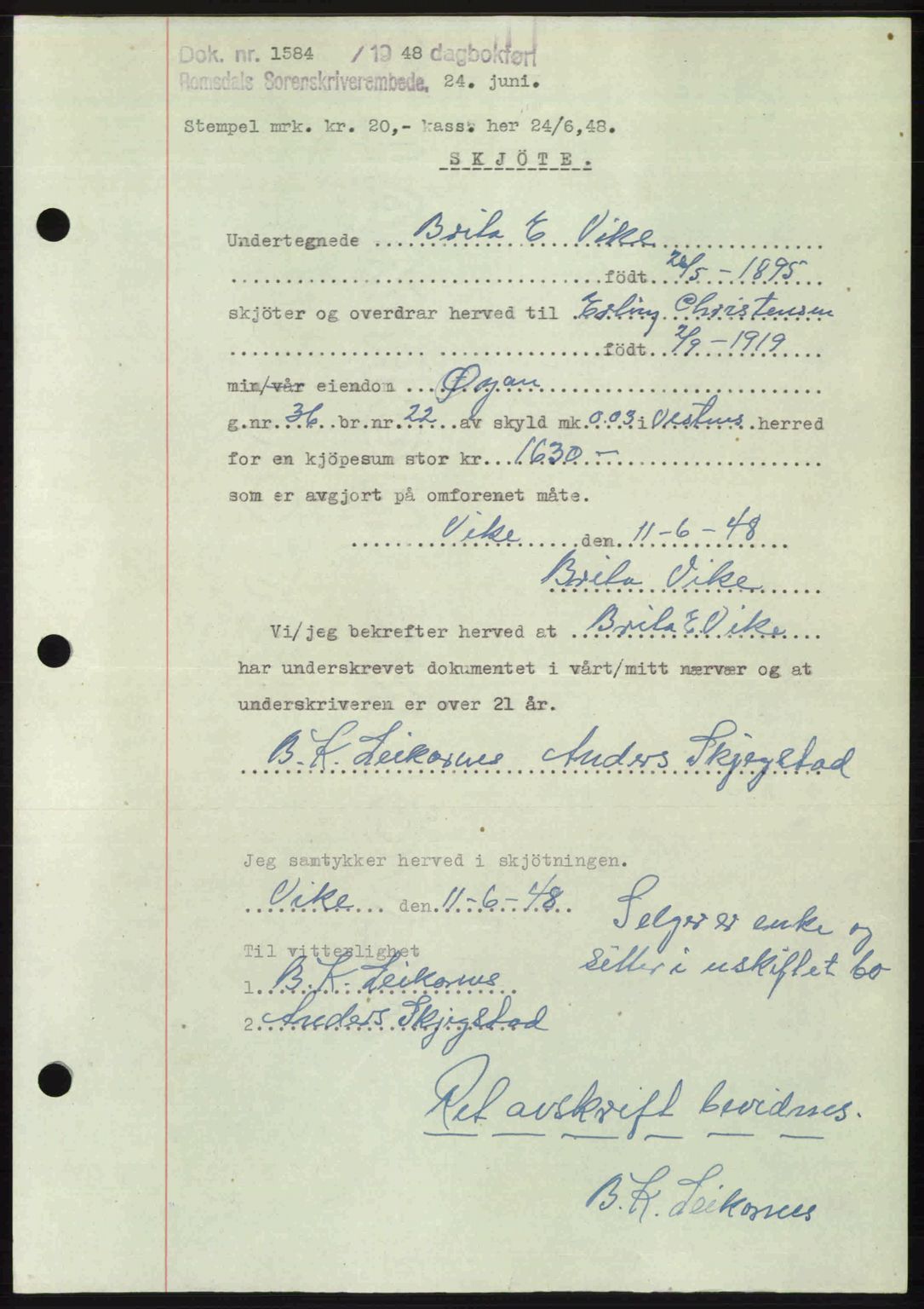 Romsdal sorenskriveri, AV/SAT-A-4149/1/2/2C: Mortgage book no. A26, 1948-1948, Diary no: : 1584/1948