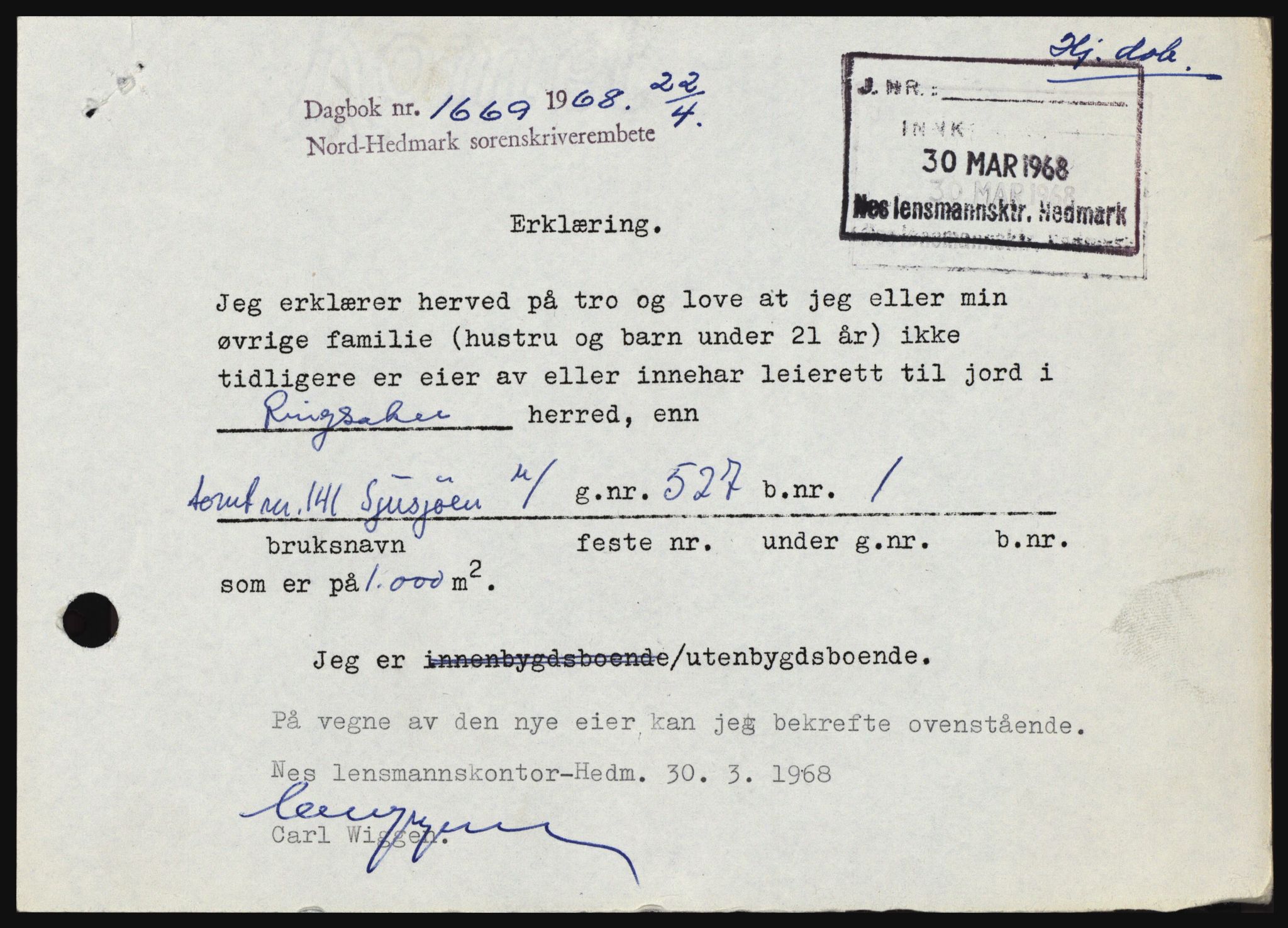 Nord-Hedmark sorenskriveri, SAH/TING-012/H/Hc/L0027: Mortgage book no. 27, 1967-1968, Diary no: : 1669/1968