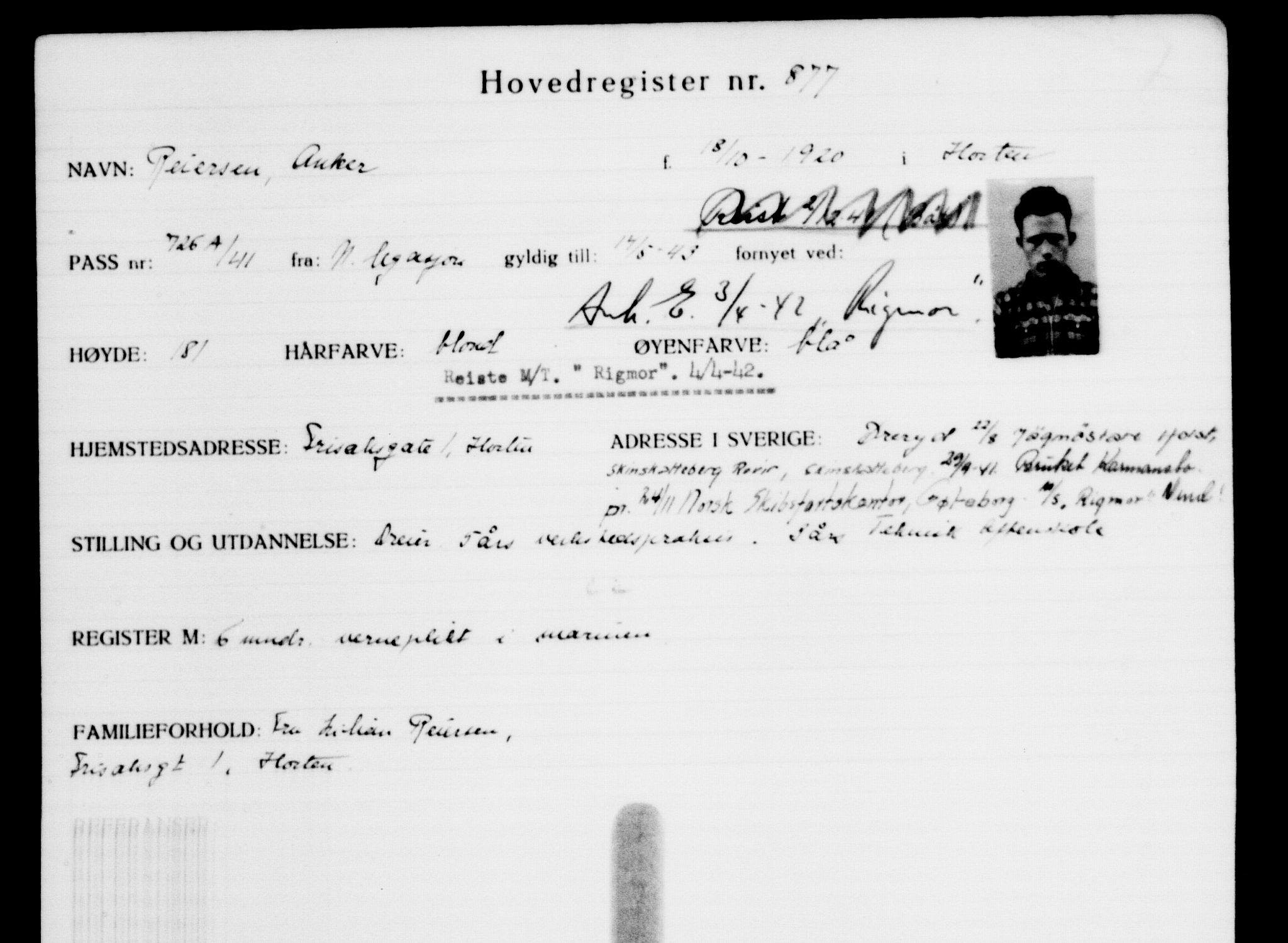 Utenriksstasjonene, Legasjonen i Stockholm, Flyktningkontoret, AV/RA-S-6753/V/Va/L0001: Kjesäterkartoteket, flyktninger med registreringsnr. 1-1000, 1940-1945, p. 1390