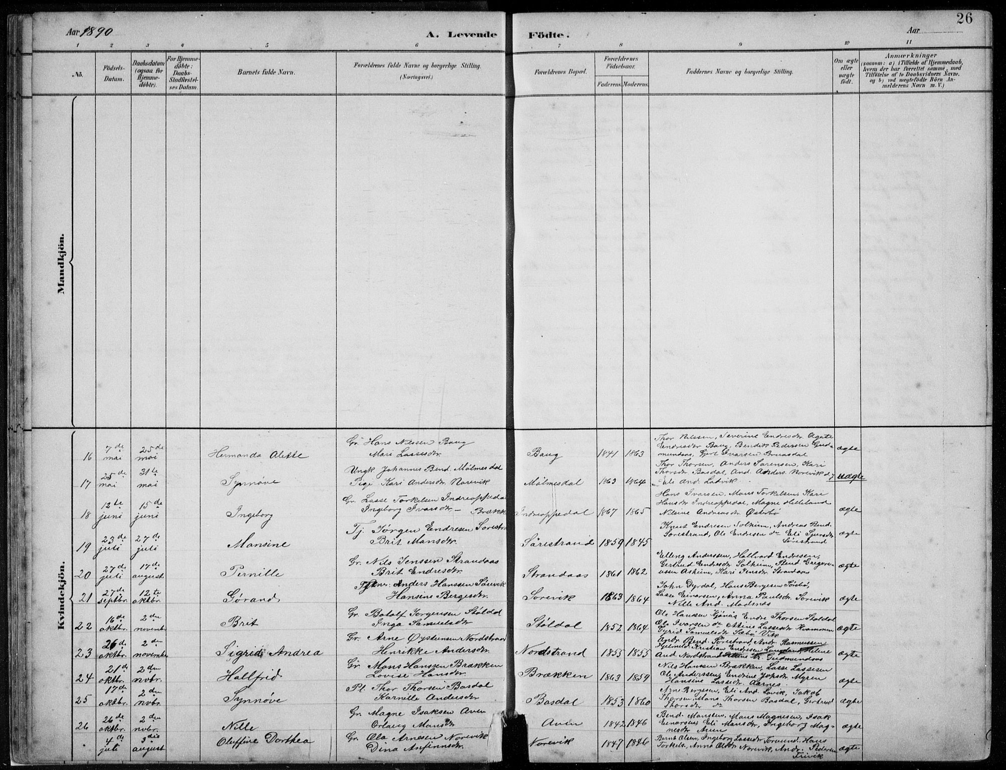 Lavik sokneprestembete, AV/SAB-A-80901: Parish register (copy) no. A 2, 1882-1910, p. 26