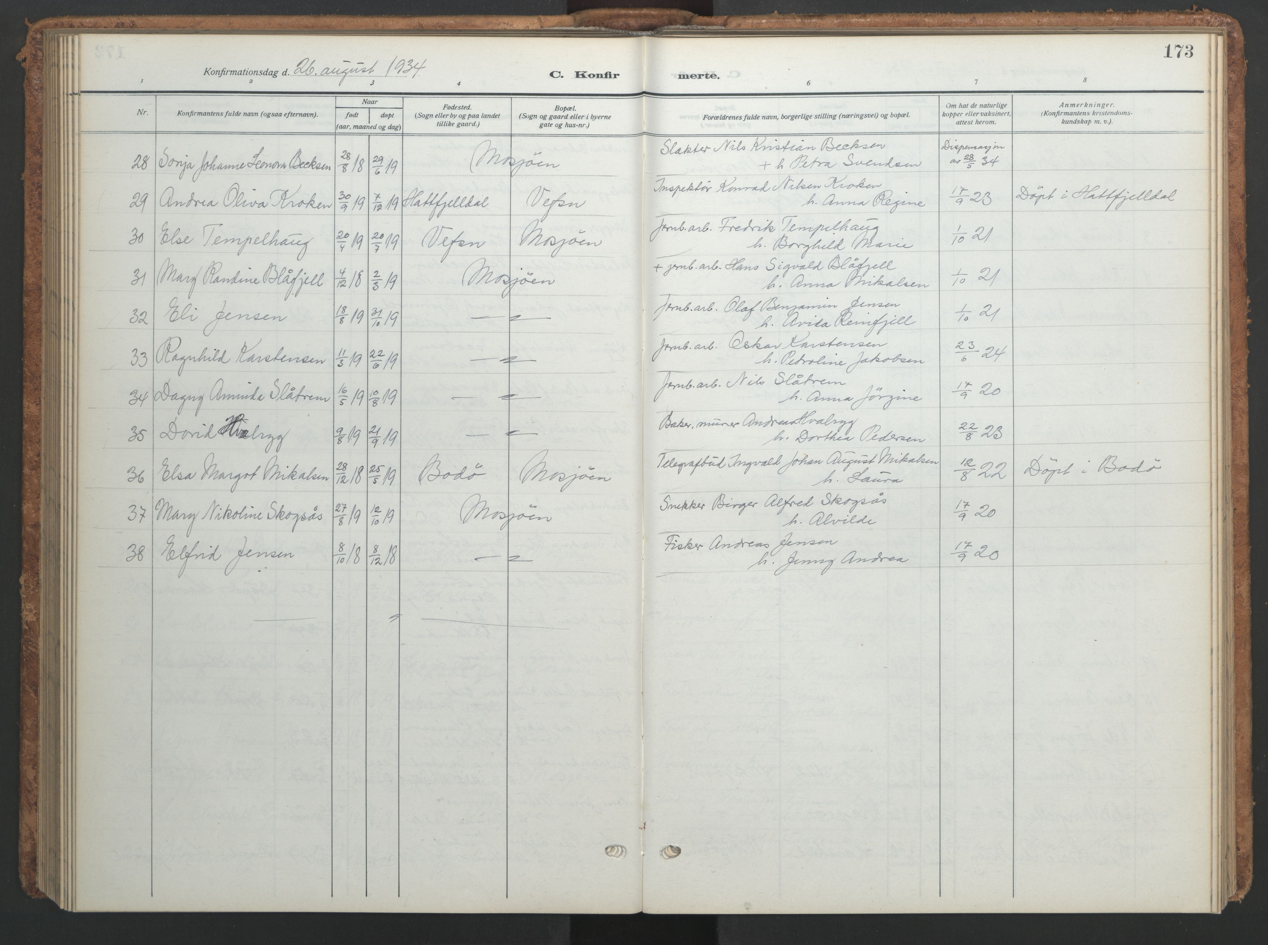 Ministerialprotokoller, klokkerbøker og fødselsregistre - Nordland, SAT/A-1459/820/L0303: Parish register (copy) no. 820C05, 1917-1952, p. 173