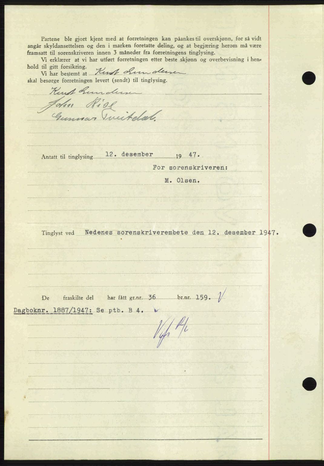 Nedenes sorenskriveri, AV/SAK-1221-0006/G/Gb/Gba/L0058: Mortgage book no. A10, 1947-1948, Diary no: : 1886/1947