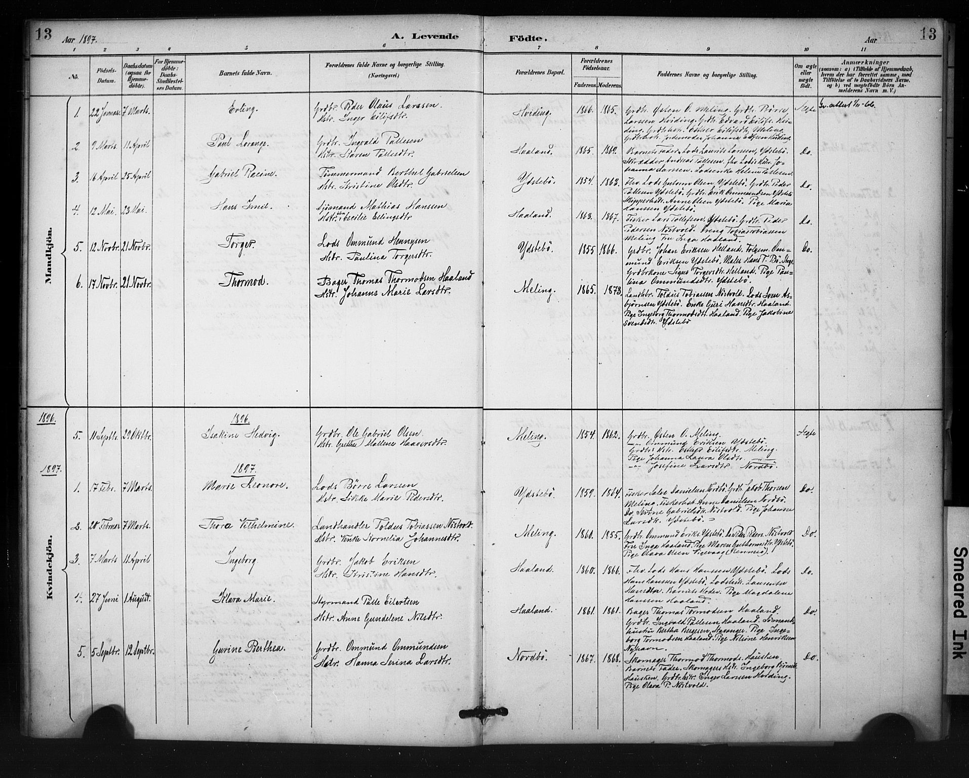 Rennesøy sokneprestkontor, SAST/A -101827/H/Ha/Haa/L0013: Parish register (official) no. A 12, 1888-1916, p. 13