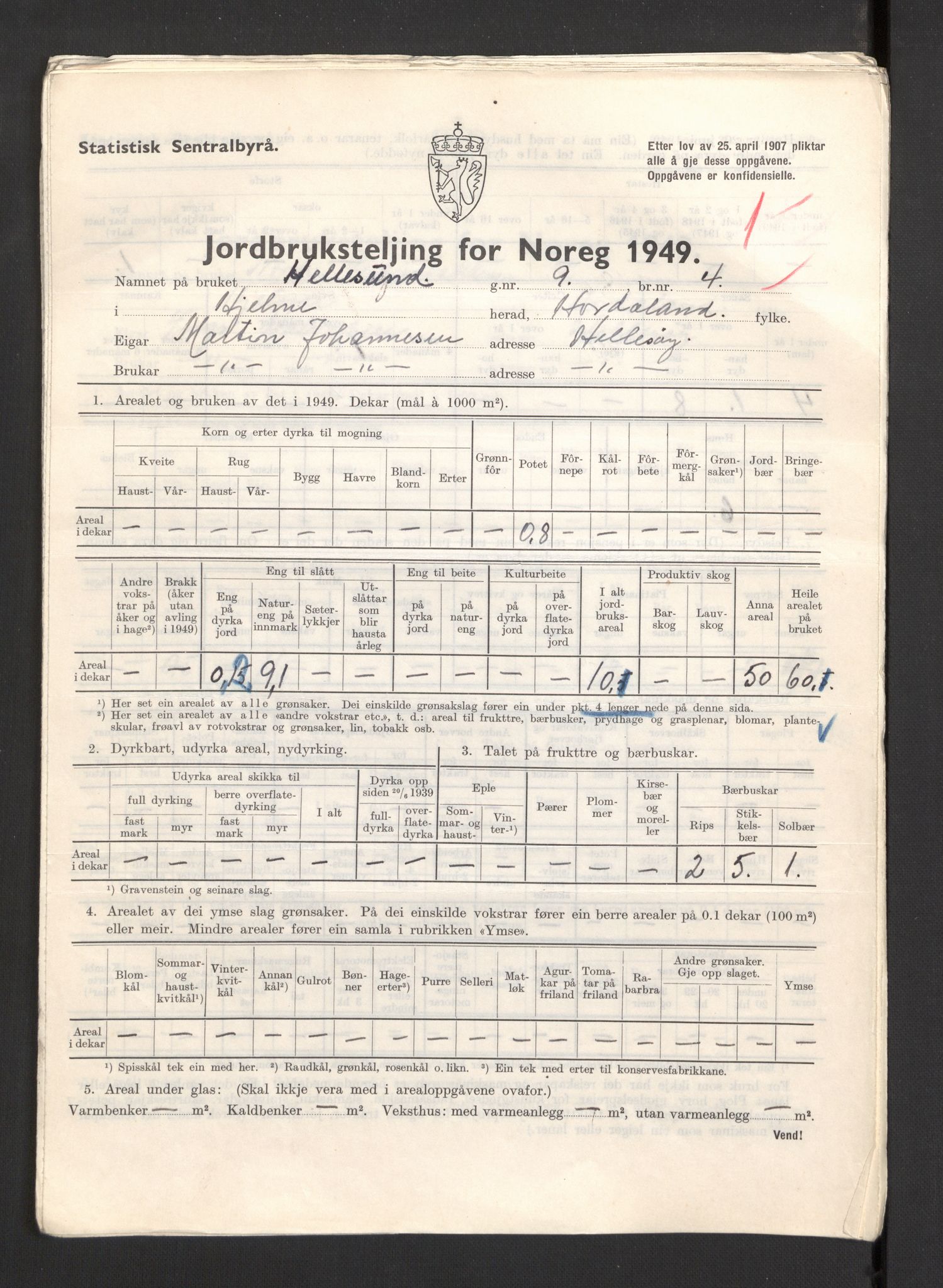 Statistisk sentralbyrå, Næringsøkonomiske emner, Jordbruk, skogbruk, jakt, fiske og fangst, AV/RA-S-2234/G/Gc/L0276: Hordaland: Herdla og Hjelme, 1949, p. 1202