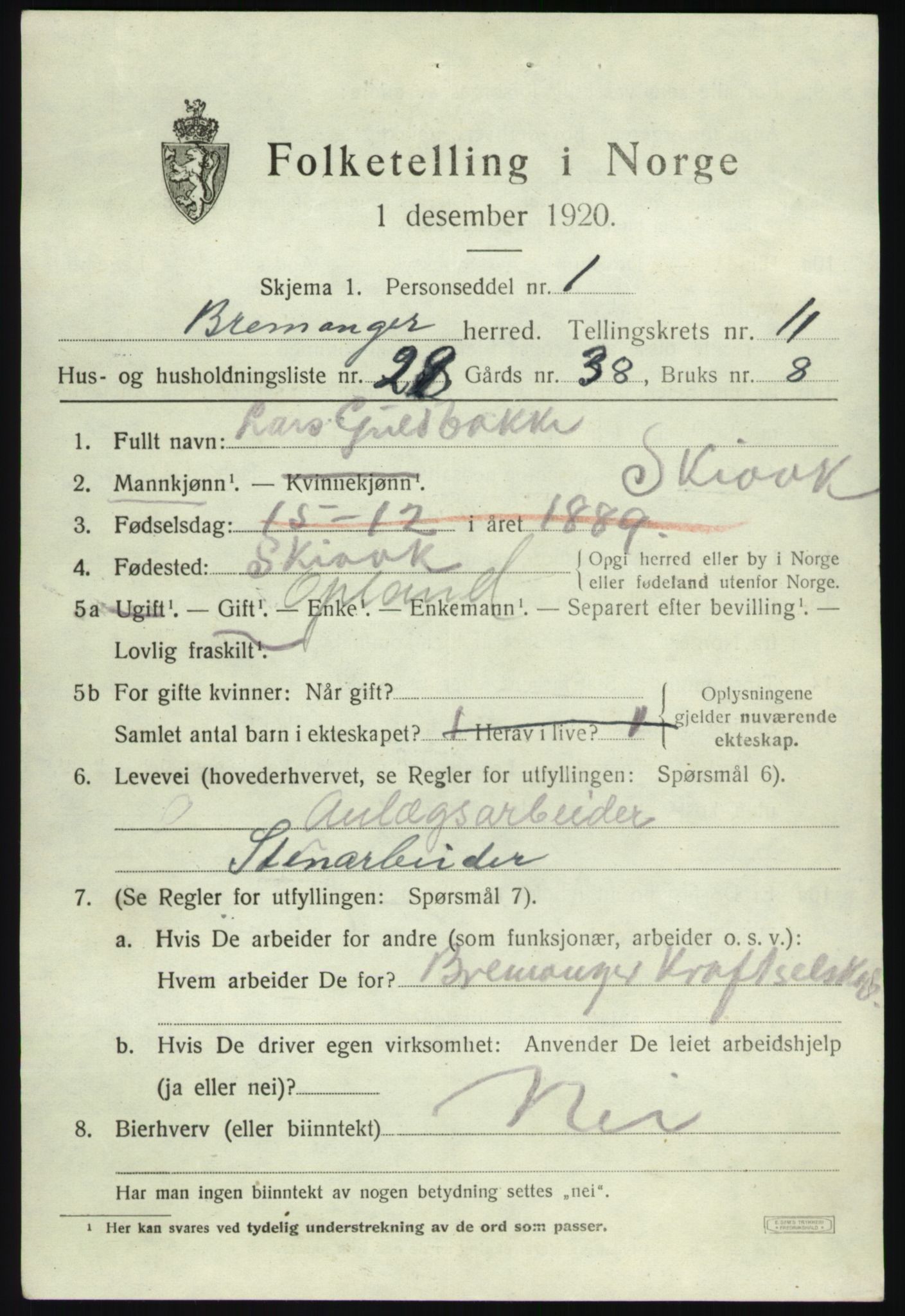 SAB, 1920 census for Bremanger, 1920, p. 6176
