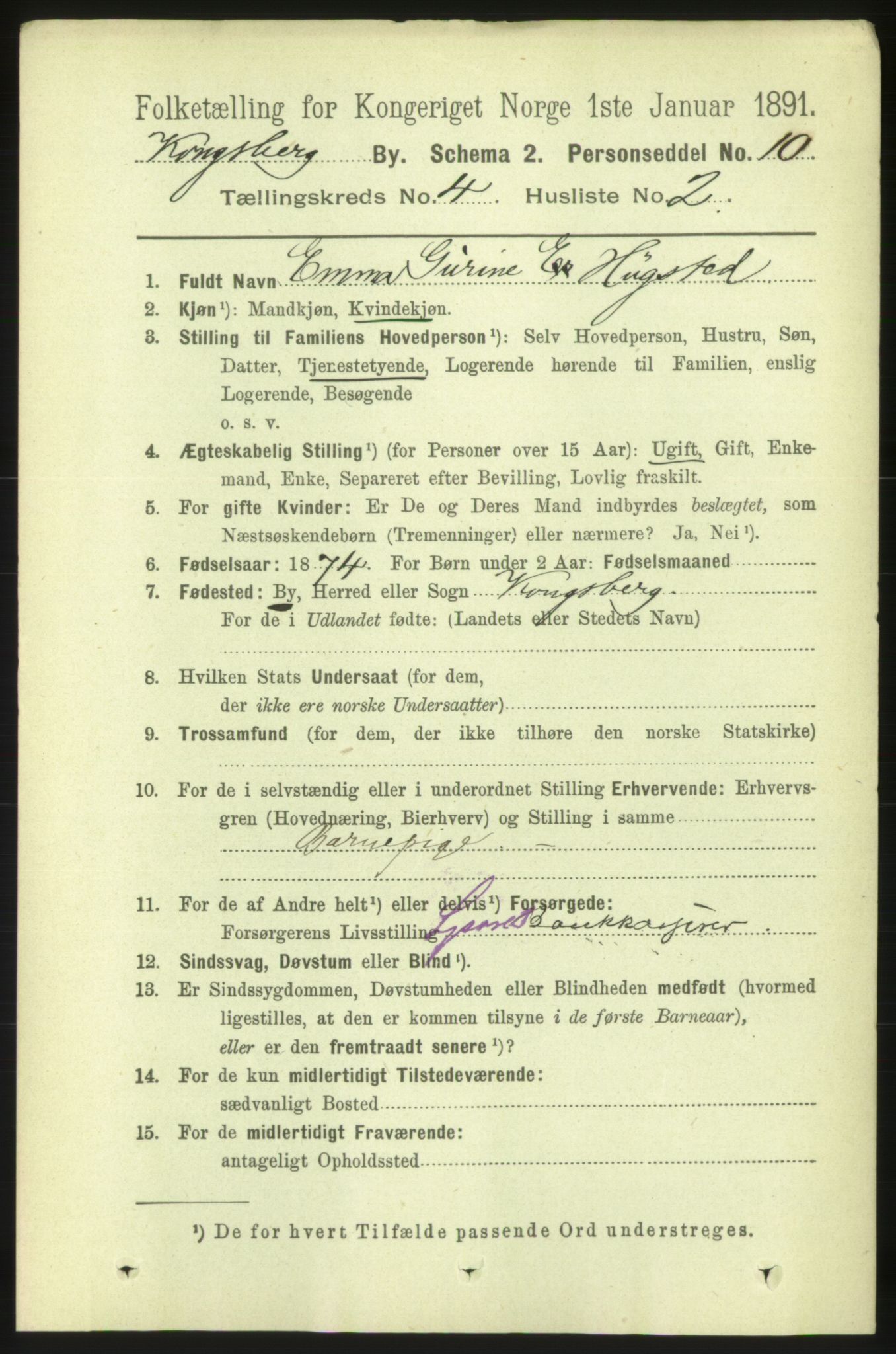 RA, 1891 census for 0604 Kongsberg, 1891, p. 3520