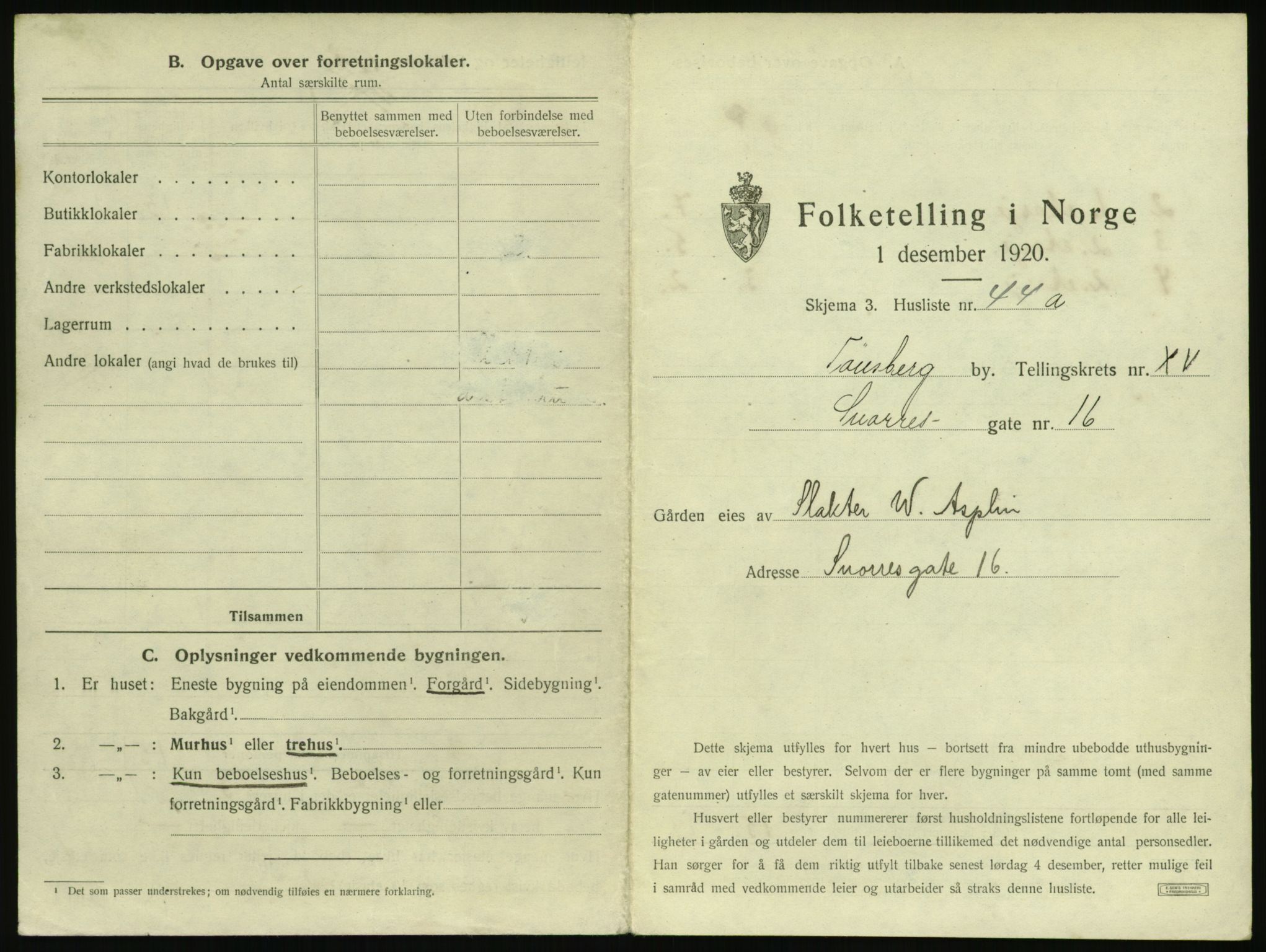 SAKO, 1920 census for Tønsberg, 1920, p. 1651