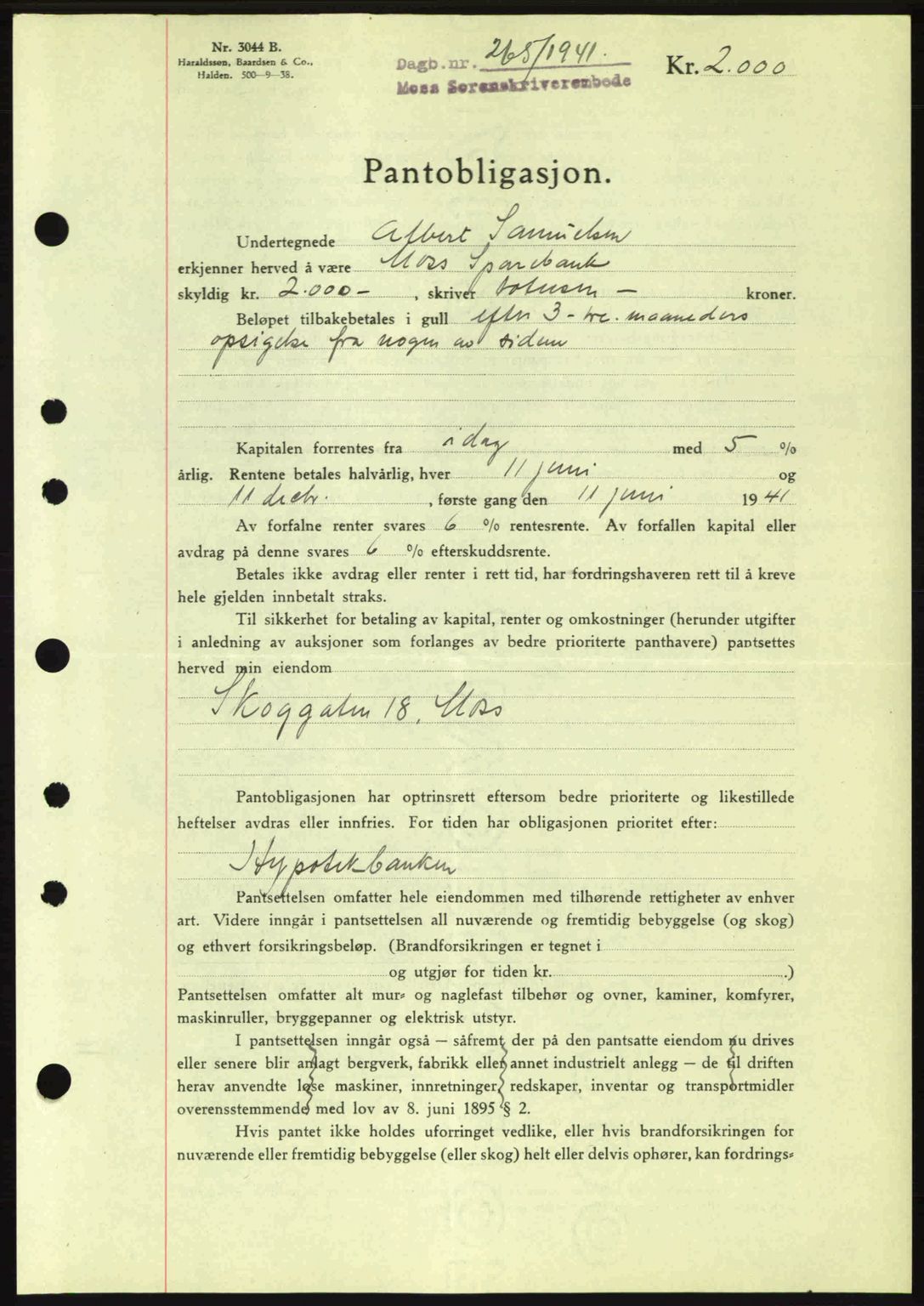 Moss sorenskriveri, SAO/A-10168: Mortgage book no. B10, 1940-1941, Diary no: : 265/1941