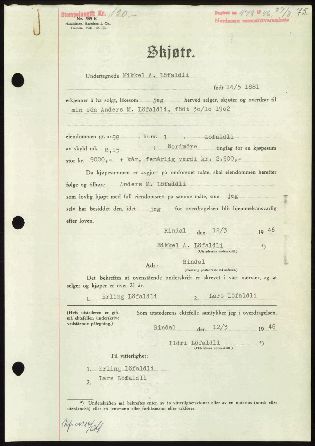 Nordmøre sorenskriveri, AV/SAT-A-4132/1/2/2Ca: Mortgage book no. A101, 1946-1946, Diary no: : 478/1946