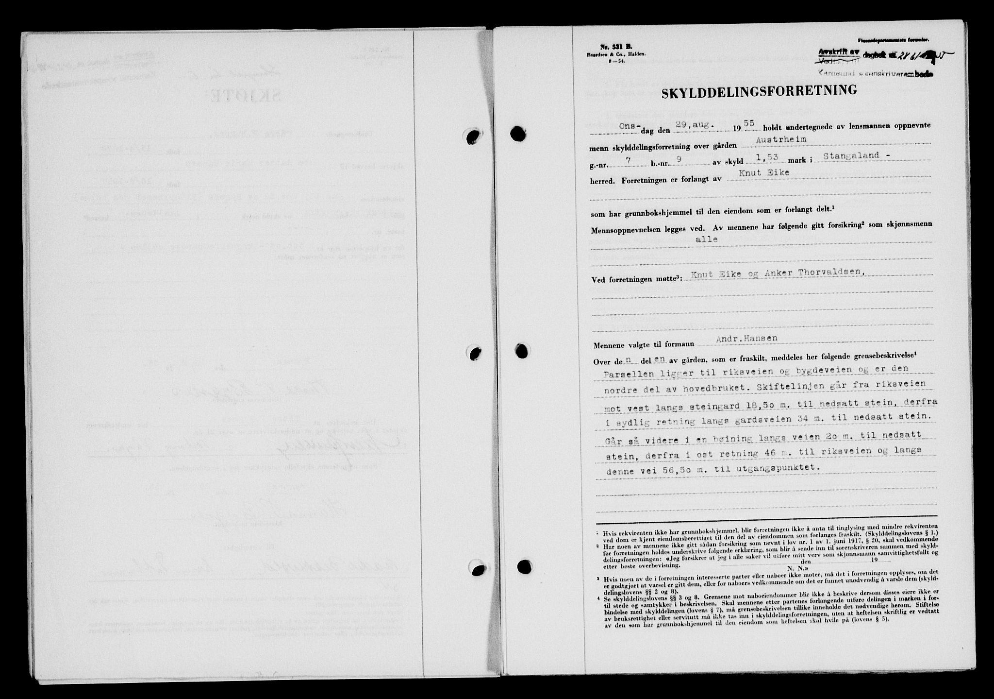 Karmsund sorenskriveri, SAST/A-100311/01/II/IIB/L0117: Mortgage book no. 97Aa, 1955-1955, Diary no: : 2861/1955