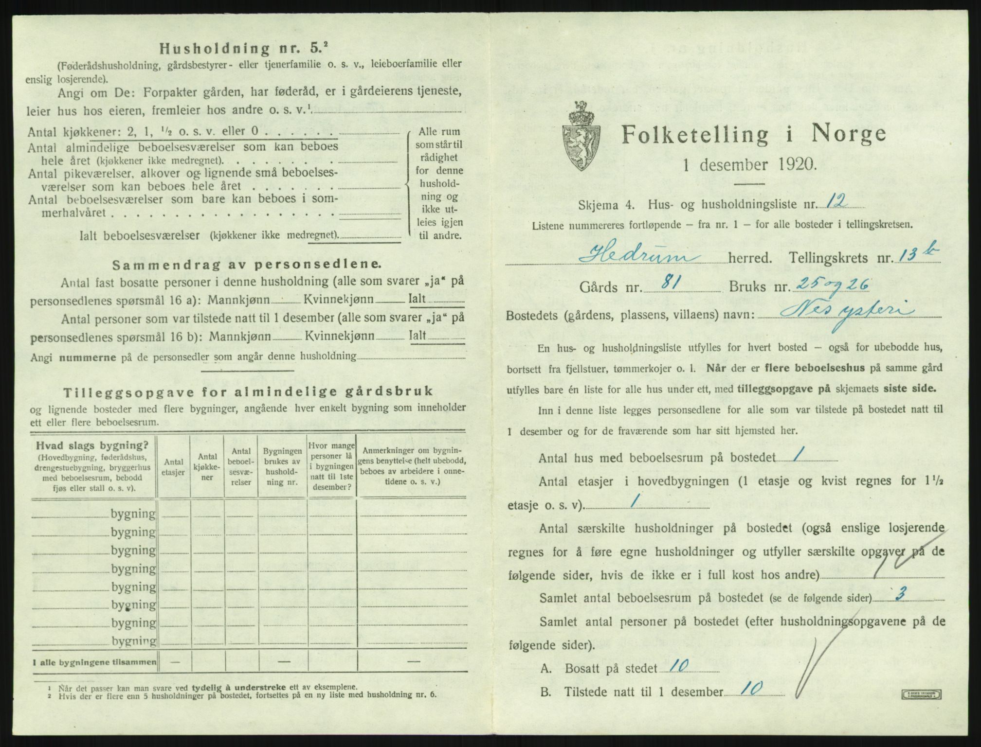 SAKO, 1920 census for Hedrum, 1920, p. 1225