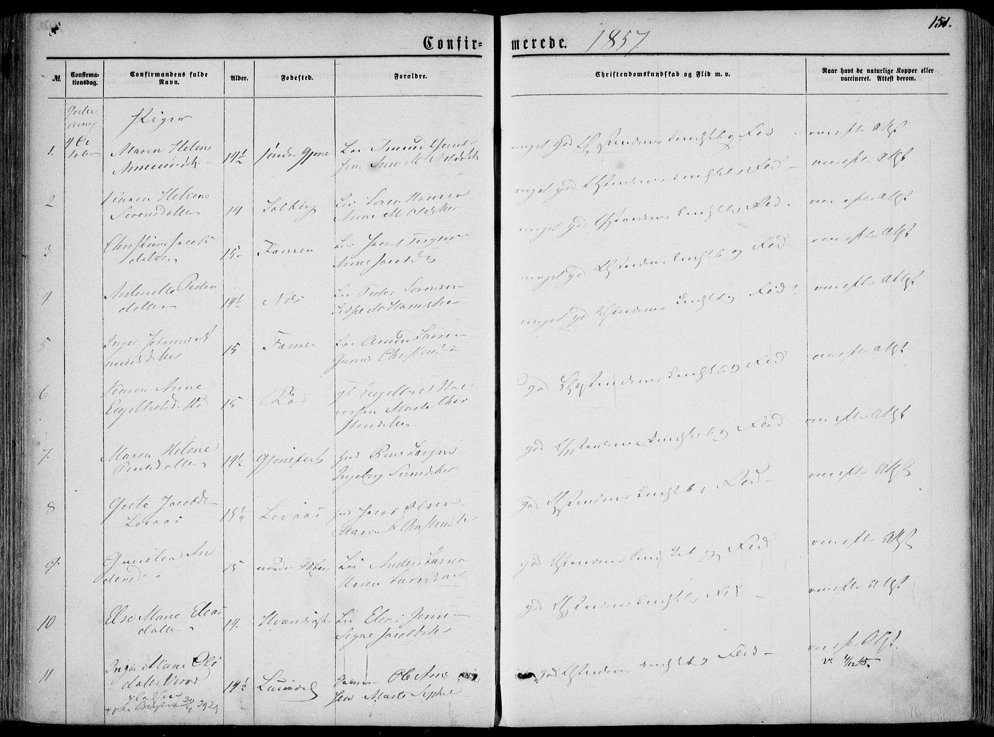 Hedrum kirkebøker, AV/SAKO-A-344/F/Fa/L0007: Parish register (official) no. I 7, 1857-1868, p. 151