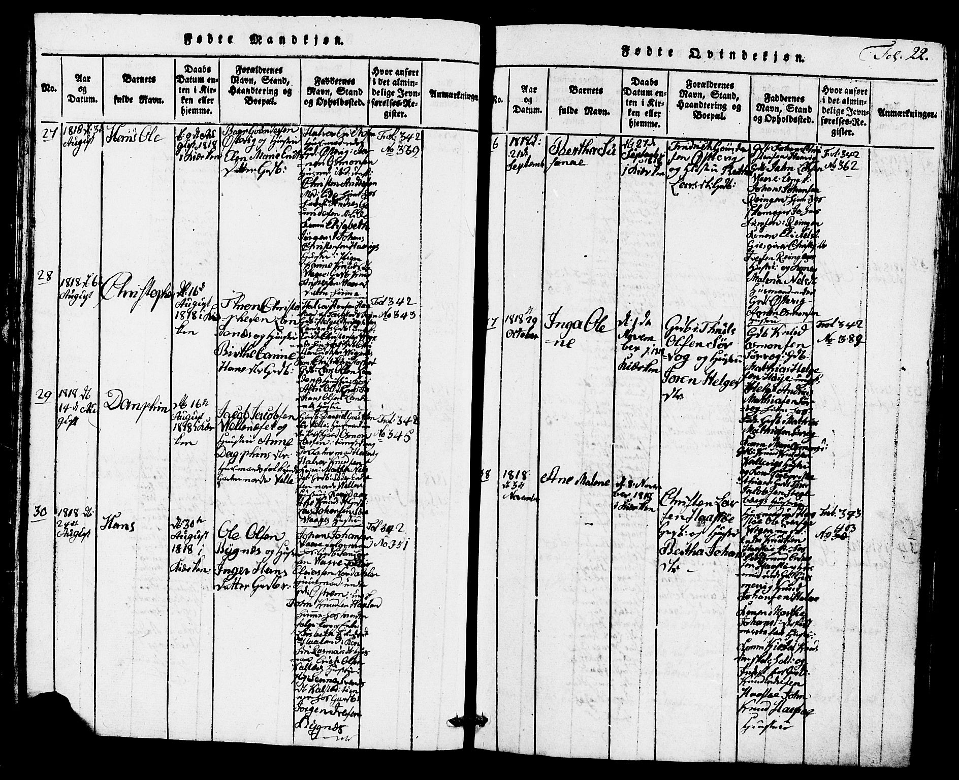 Avaldsnes sokneprestkontor, AV/SAST-A -101851/H/Ha/Hab/L0001: Parish register (copy) no. B 1, 1816-1825, p. 22