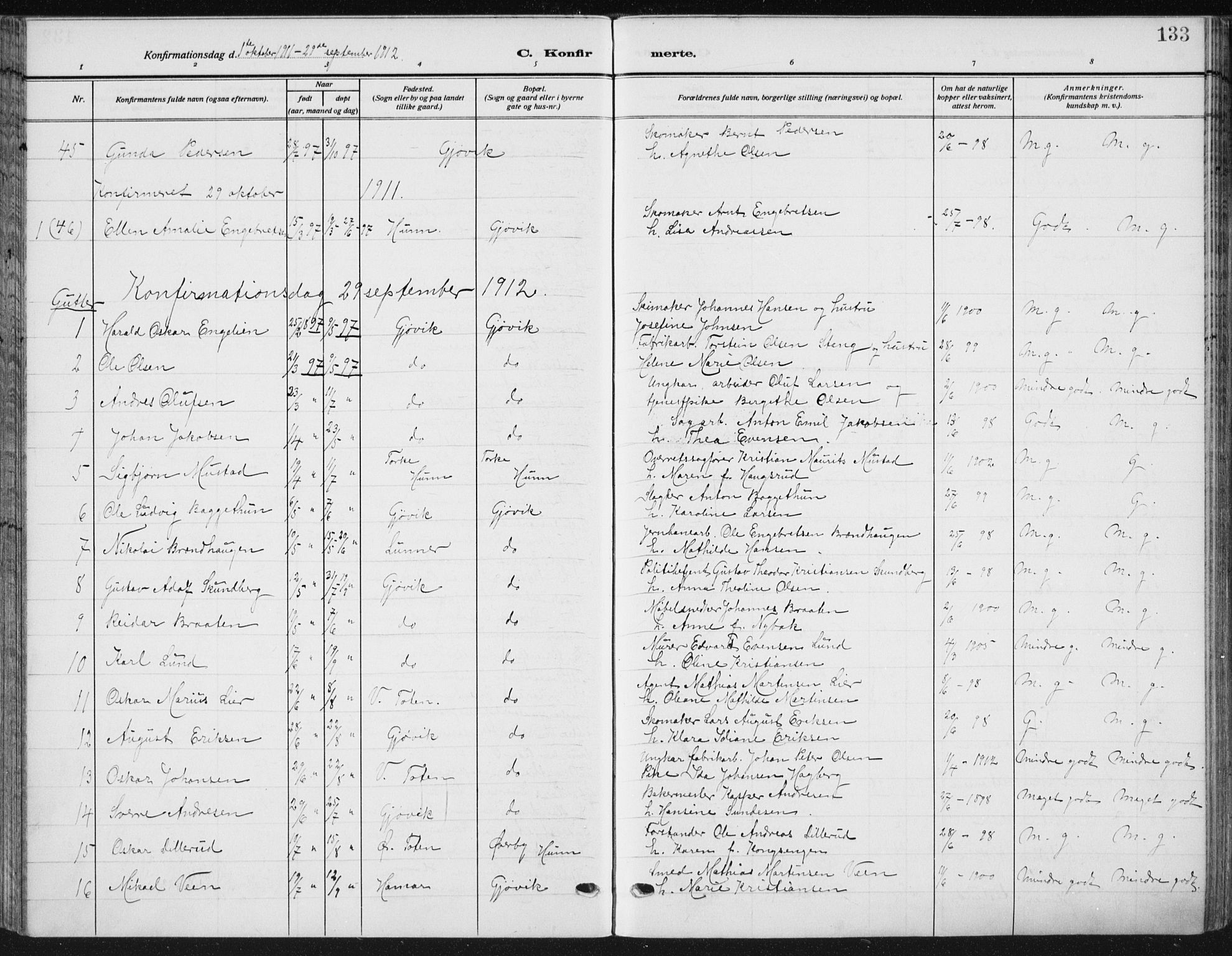 Vardal prestekontor, SAH/PREST-100/H/Ha/Haa/L0014: Parish register (official) no. 14, 1912-1922, p. 133