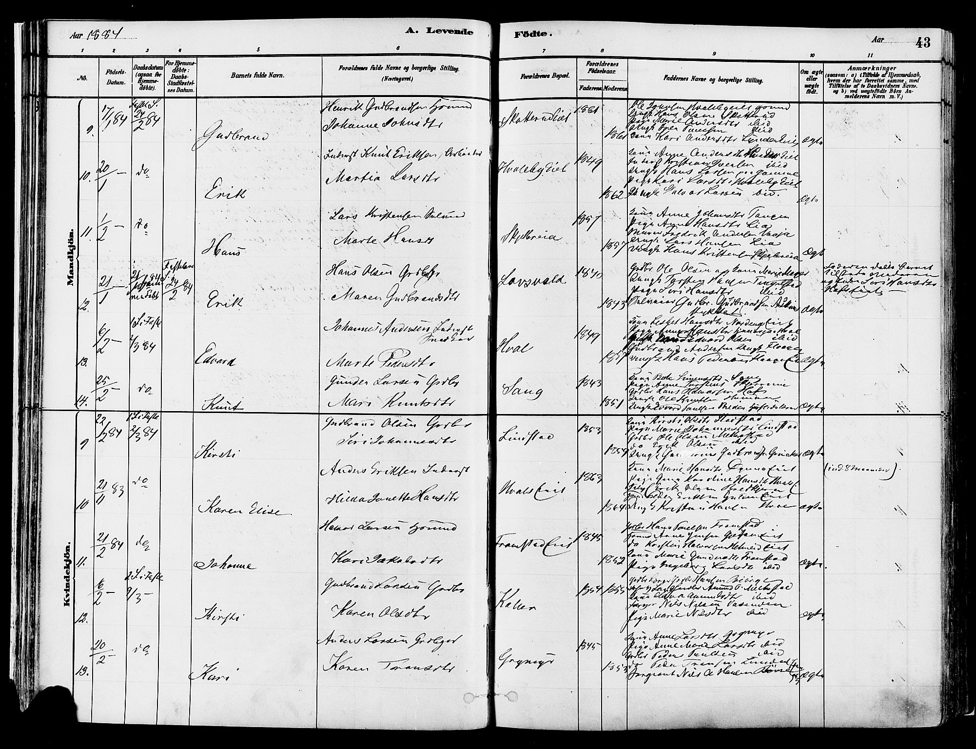 Gran prestekontor, AV/SAH-PREST-112/H/Ha/Haa/L0014: Parish register (official) no. 14, 1880-1889, p. 43