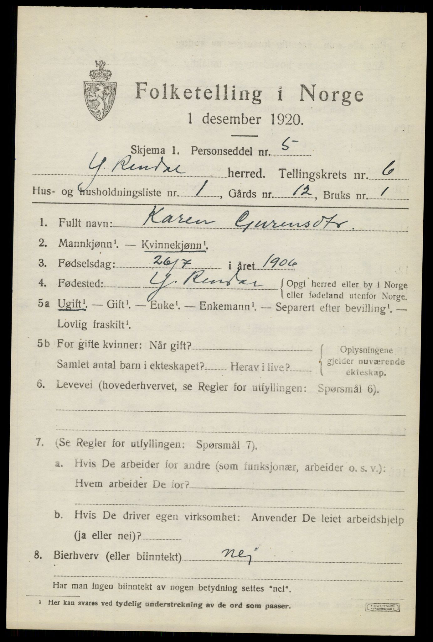 SAH, 1920 census for Ytre Rendal, 1920, p. 3325