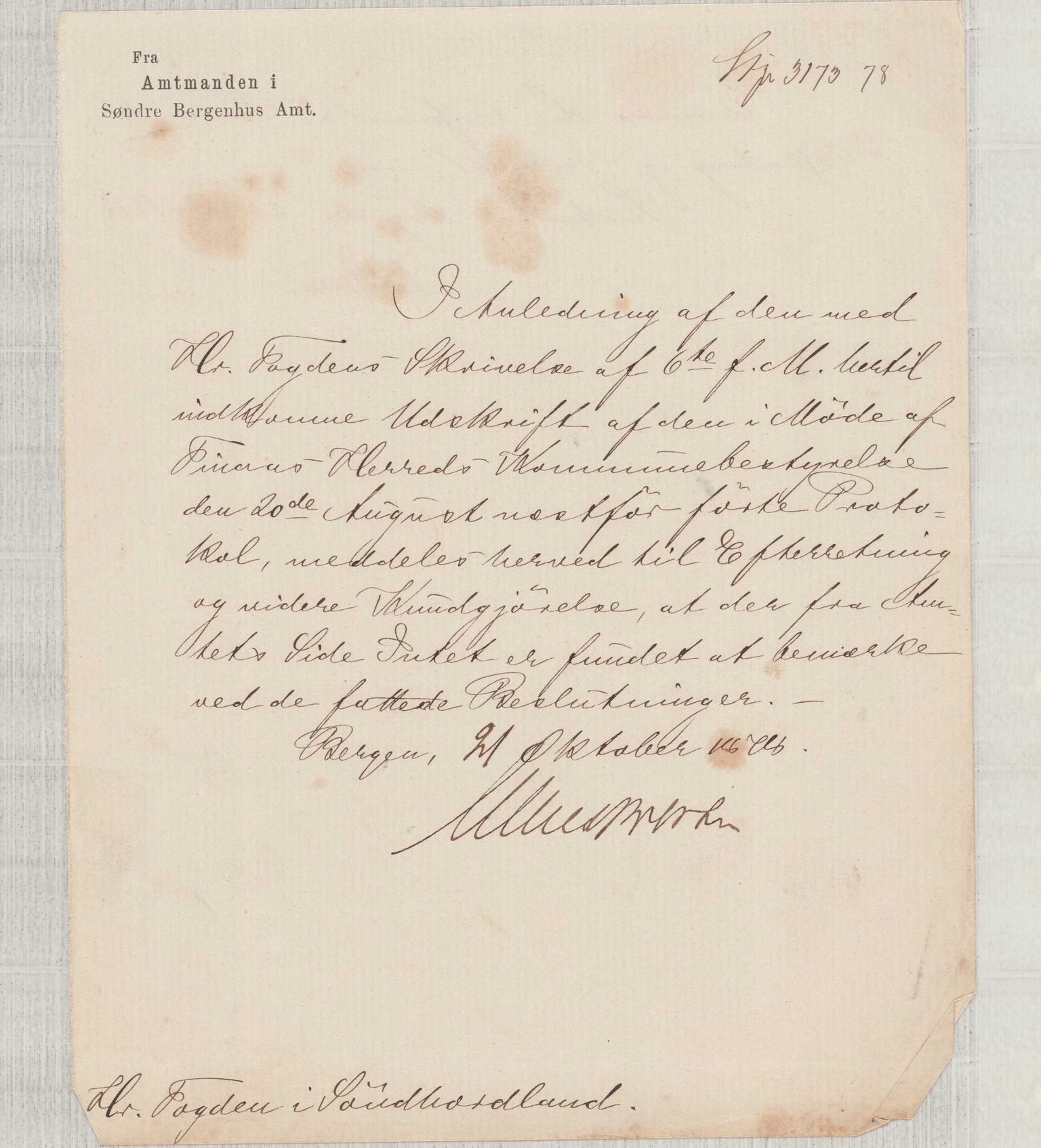 Finnaas kommune. Formannskapet, IKAH/1218a-021/D/Da/L0001/0002: Korrespondanse / saker / Kronologisk ordna korrespodanse, 1876-1879, p. 62