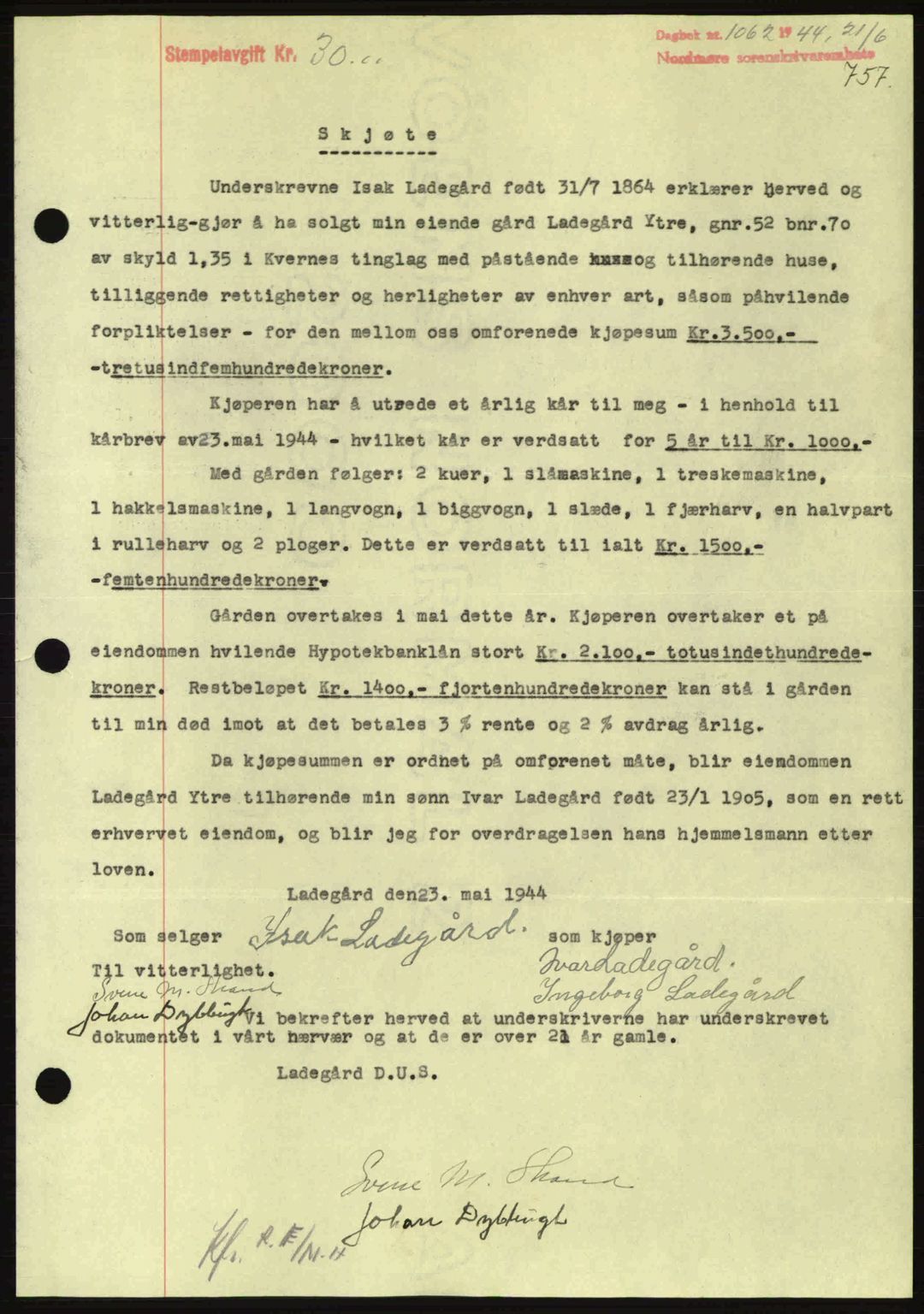 Nordmøre sorenskriveri, AV/SAT-A-4132/1/2/2Ca: Mortgage book no. A97, 1944-1944, Diary no: : 1062/1944