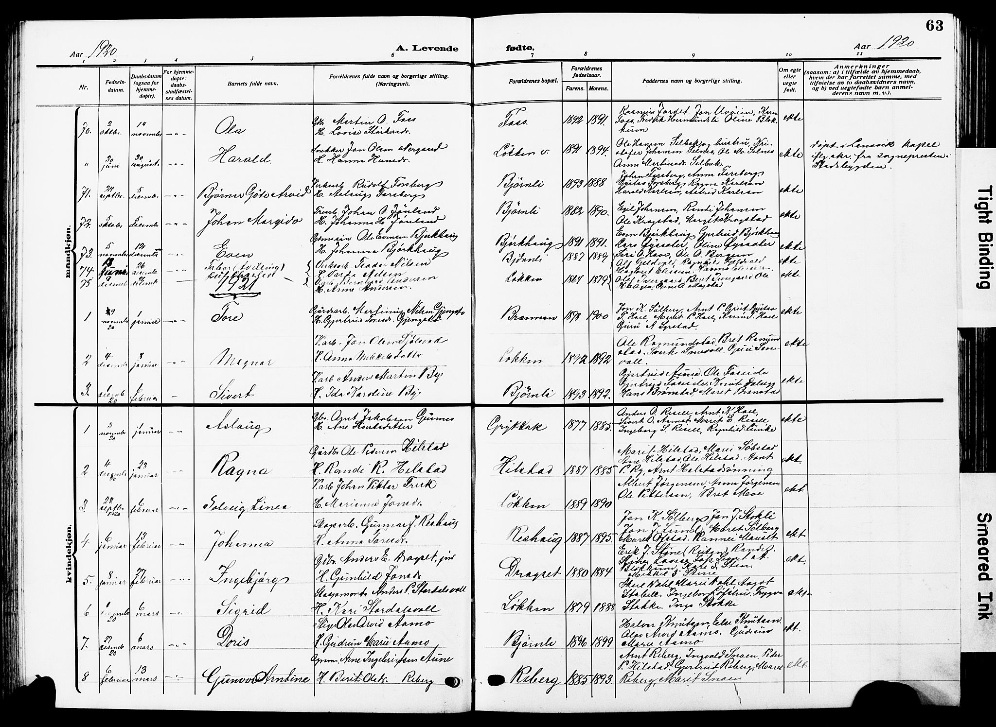 Ministerialprotokoller, klokkerbøker og fødselsregistre - Sør-Trøndelag, SAT/A-1456/672/L0865: Parish register (copy) no. 672C04, 1914-1928, p. 63