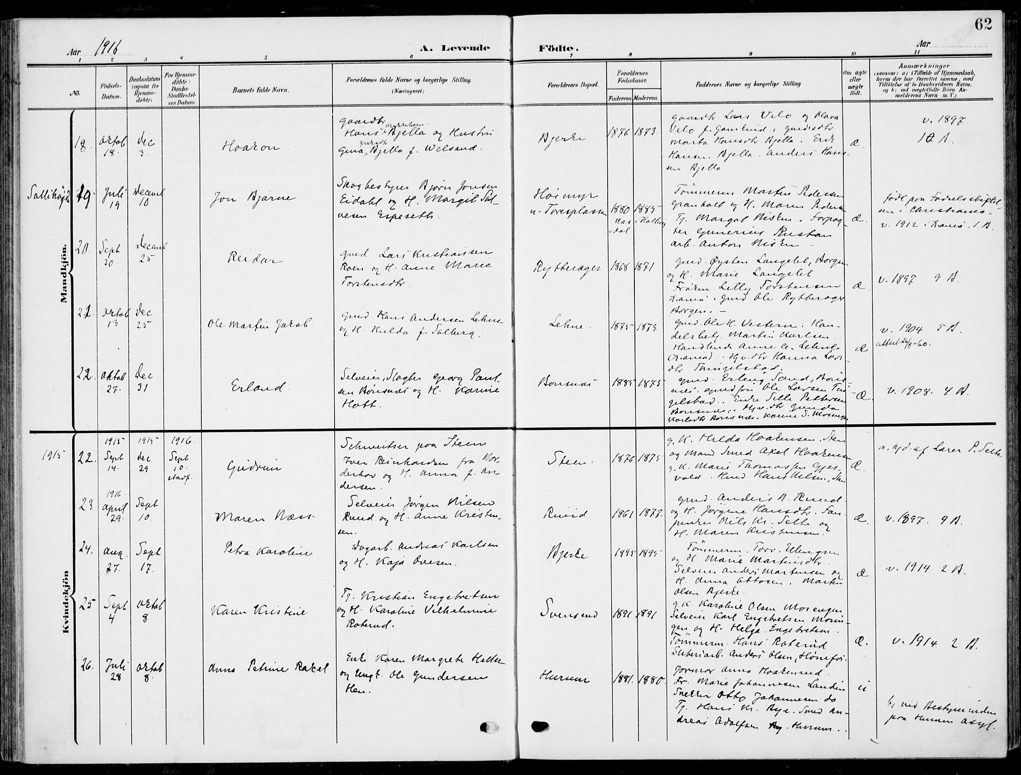 Hole kirkebøker, AV/SAKO-A-228/F/Fa/L0010: Parish register (official) no. I 10, 1907-1917, p. 62