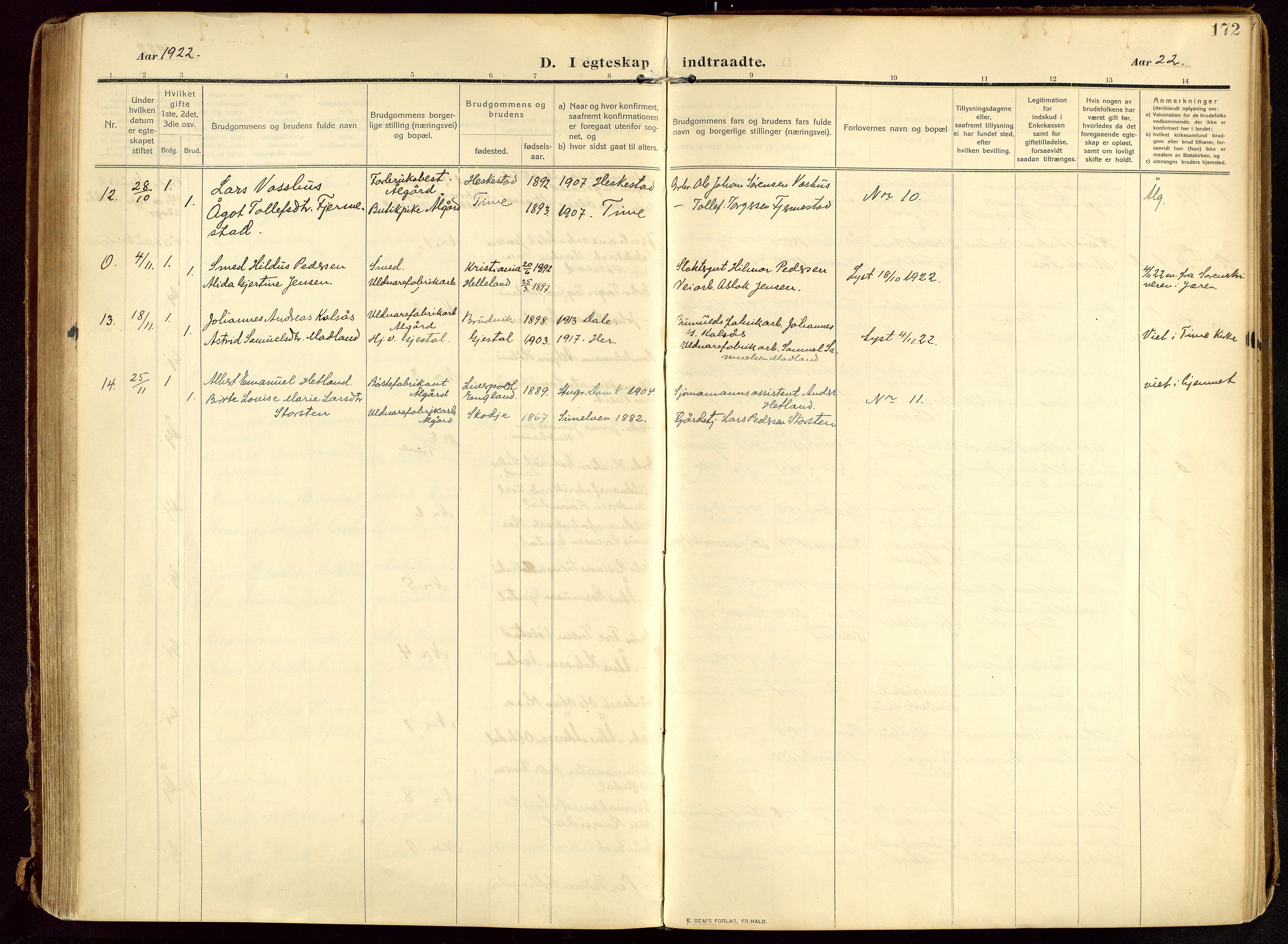 Lye sokneprestkontor, AV/SAST-A-101794/002/B/L0001: Parish register (official) no. A 13, 1910-1925, p. 172