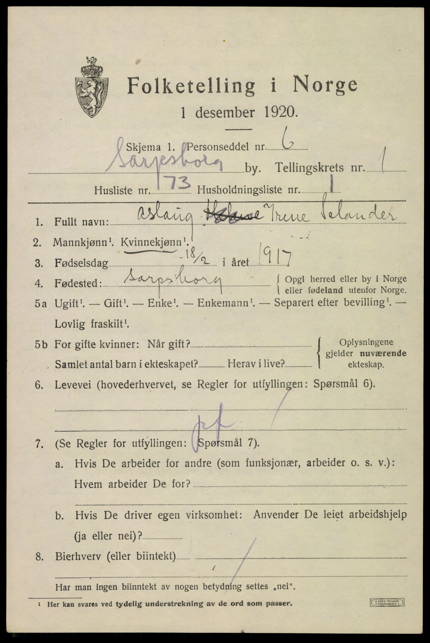 SAO, 1920 census for Sarpsborg, 1920, p. 8690