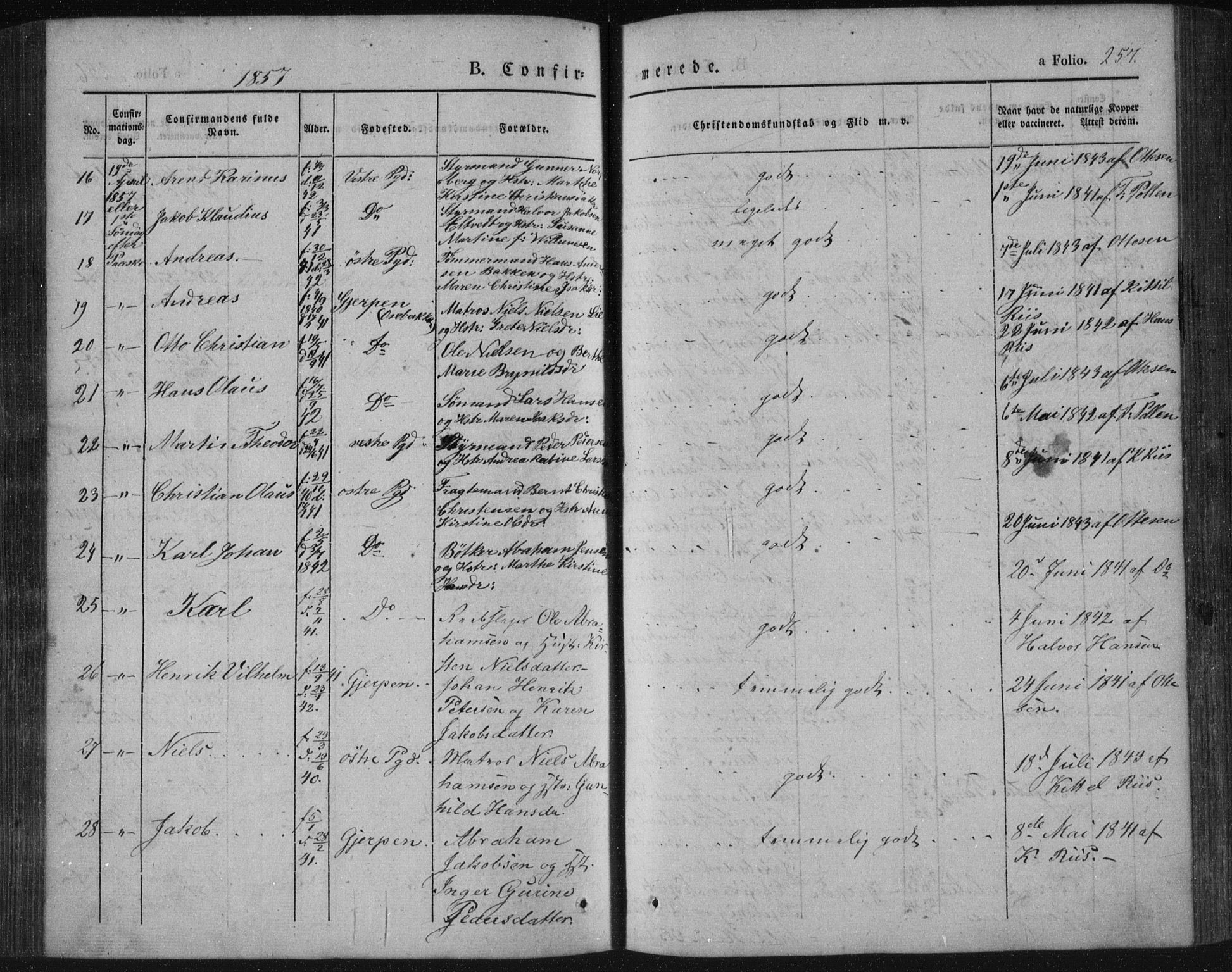 Porsgrunn kirkebøker , AV/SAKO-A-104/F/Fa/L0006: Parish register (official) no. 6, 1841-1857, p. 257