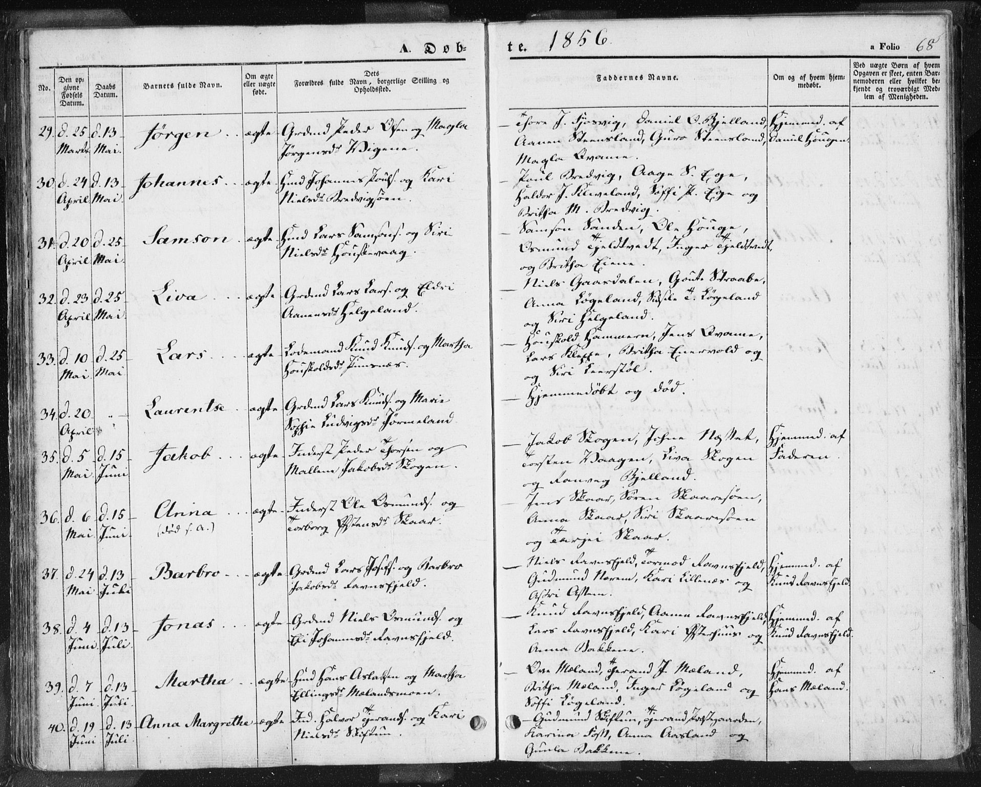 Hjelmeland sokneprestkontor, AV/SAST-A-101843/01/IV/L0009: Parish register (official) no. A 9, 1846-1860, p. 68