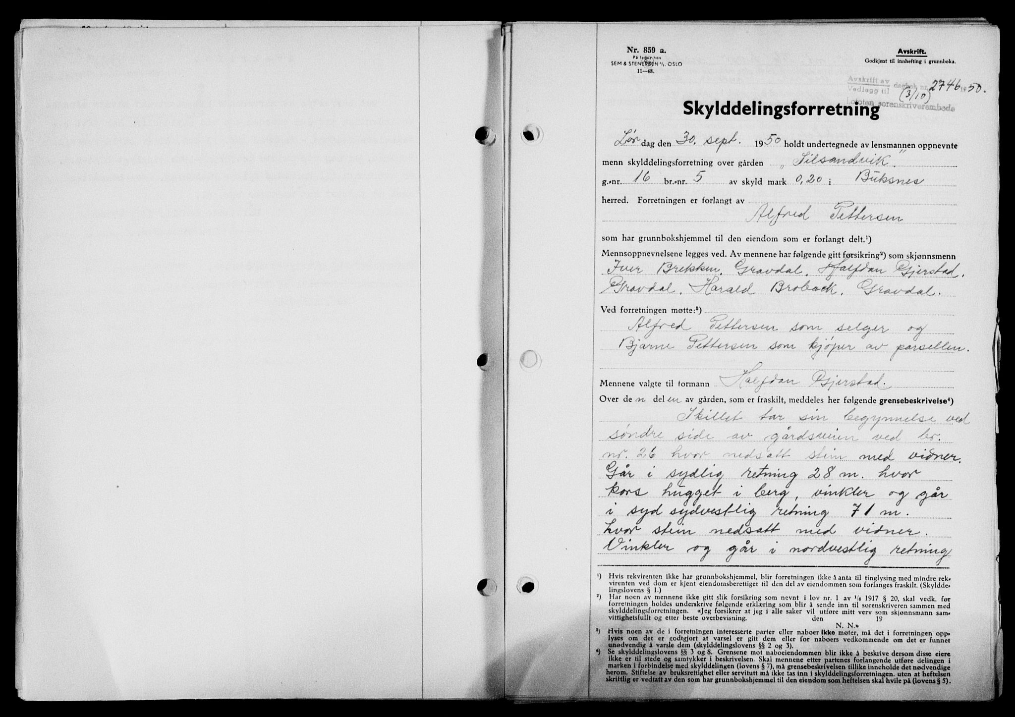 Lofoten sorenskriveri, SAT/A-0017/1/2/2C/L0024a: Mortgage book no. 24a, 1950-1950, Diary no: : 2746/1950