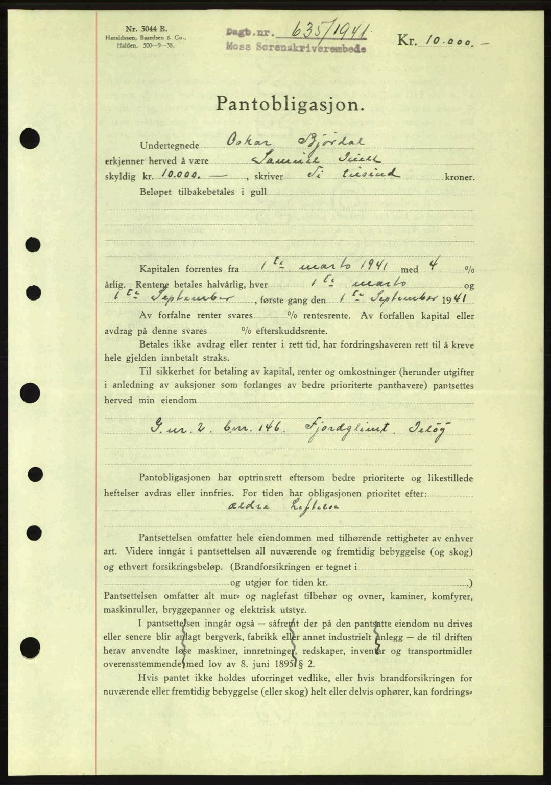 Moss sorenskriveri, SAO/A-10168: Mortgage book no. B10, 1940-1941, Diary no: : 635/1941