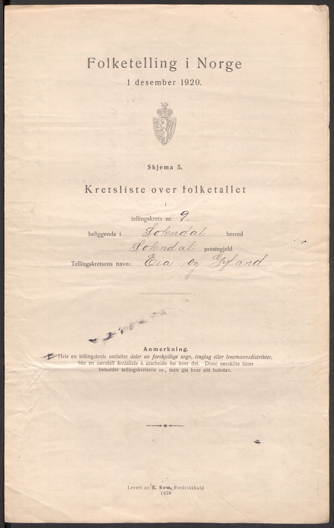 SAST, 1920 census for Sokndal, 1920, p. 42