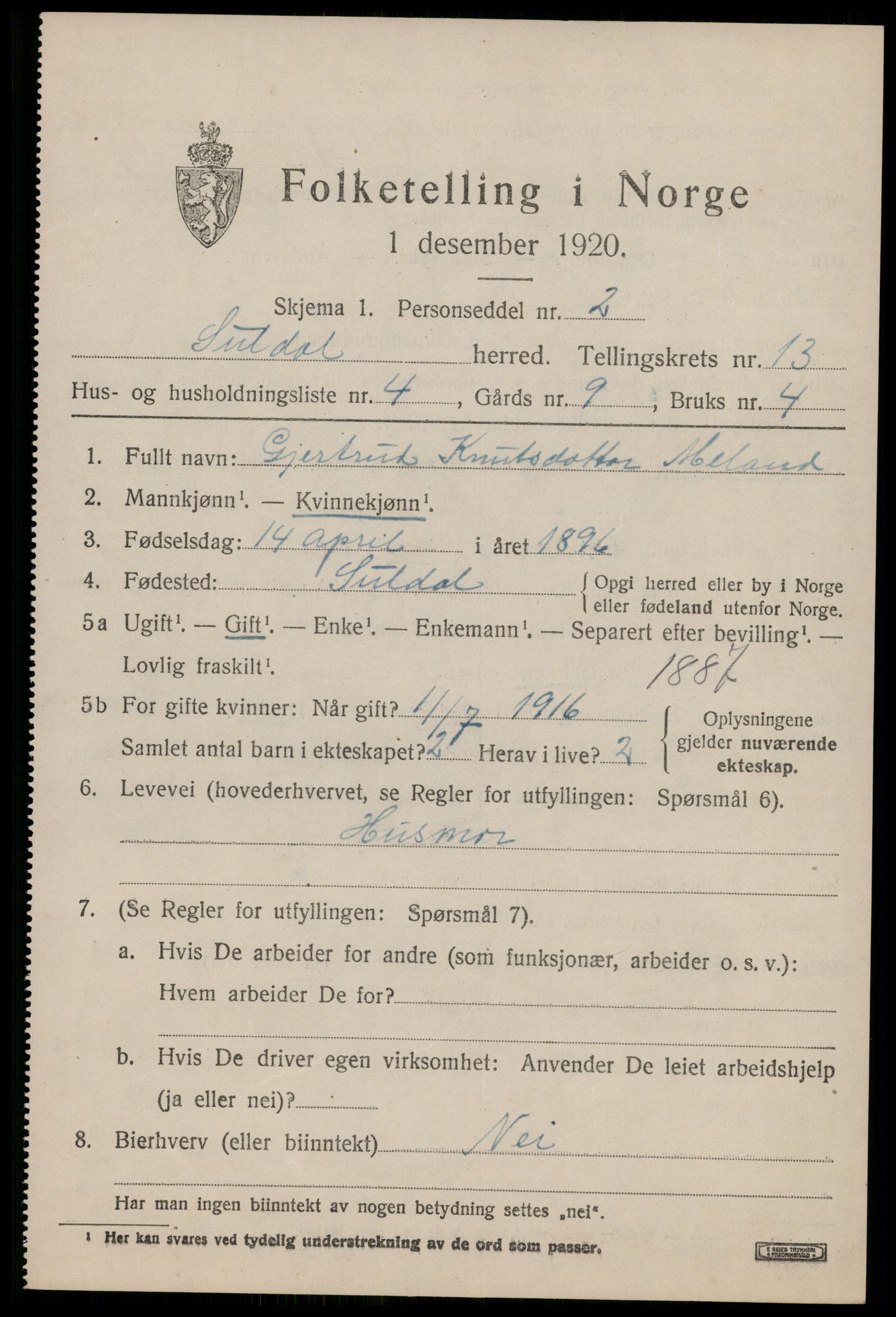 SAST, 1920 census for Suldal, 1920, p. 3954