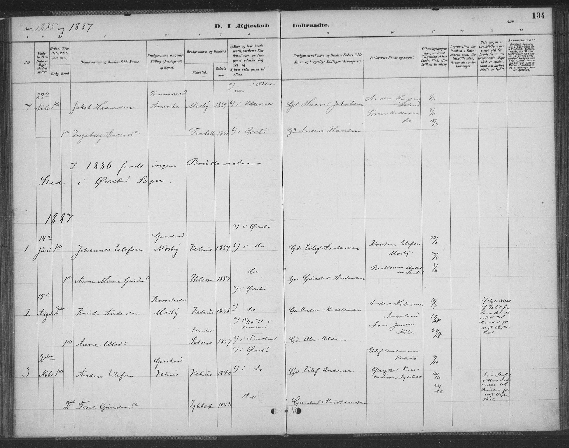 Vennesla sokneprestkontor, AV/SAK-1111-0045/Fa/Fac/L0009: Parish register (official) no. A 9, 1884-1901, p. 134