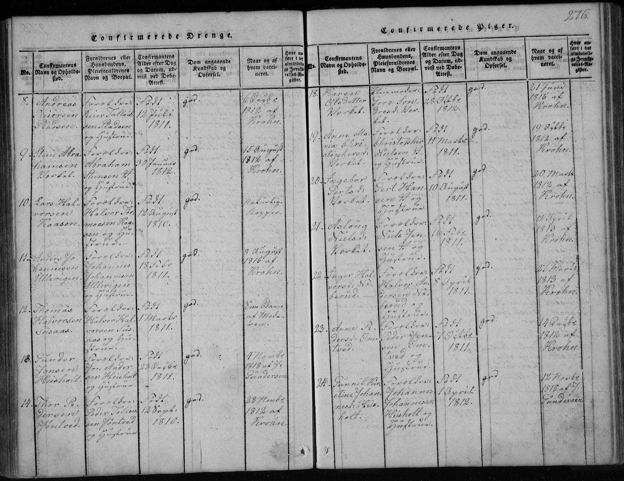 Holla kirkebøker, AV/SAKO-A-272/F/Fa/L0003: Parish register (official) no. 3, 1815-1830, p. 276